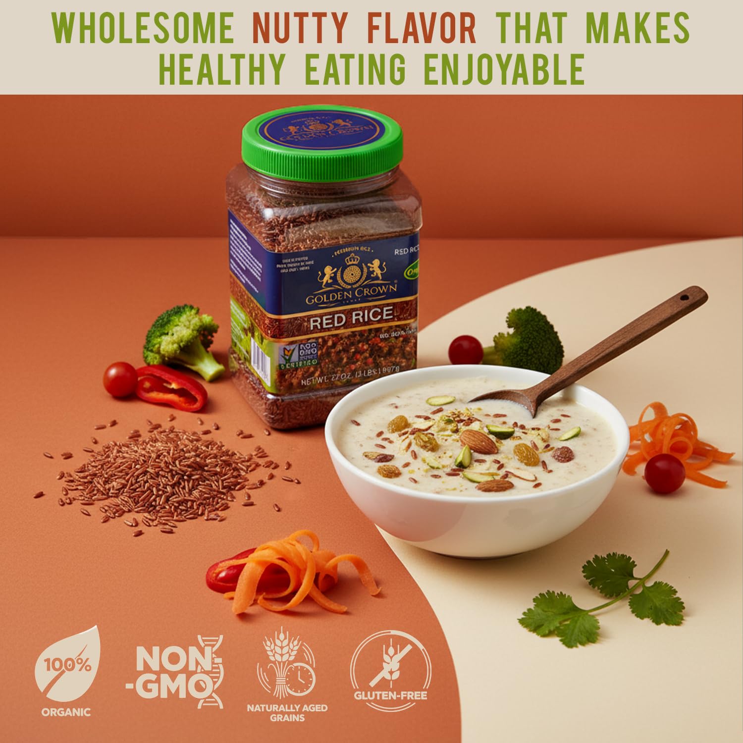 Golden Crown Red Rice | High-Fiber, Naturally Aged Gluten-Free, Non-GMO, Vegan Red Rice | Superfood Rich in Fibre & Antioxidants | Premium Sticky Whole Grain Rice - 32oz (2lb)