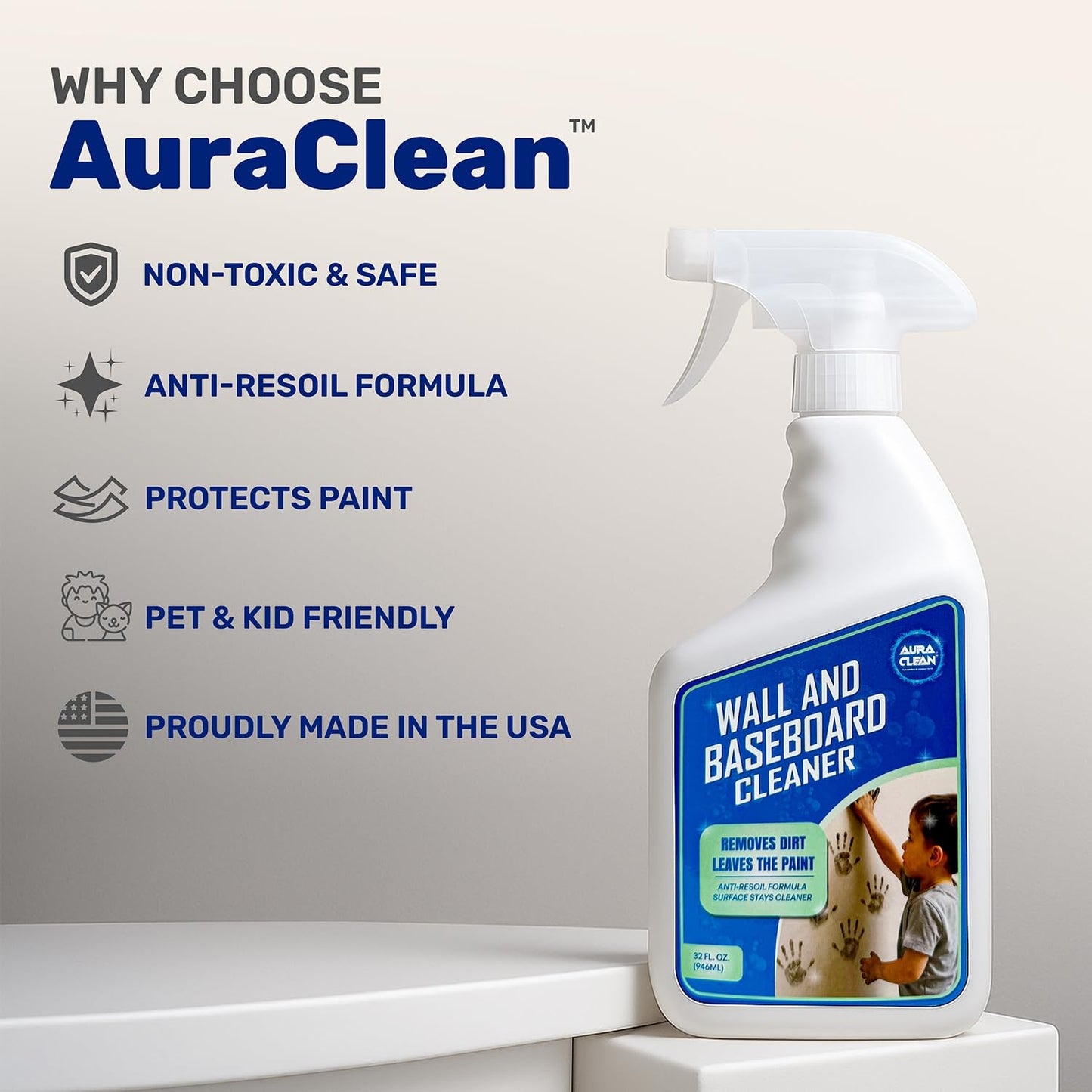 AuraClean Gentle Wall & Baseboard Cleaner - Safe for Painted Walls & Trim | Non-Toxic, No-Rinse Spray | Anti-Resoil, Streak-Free Finish for Everyday