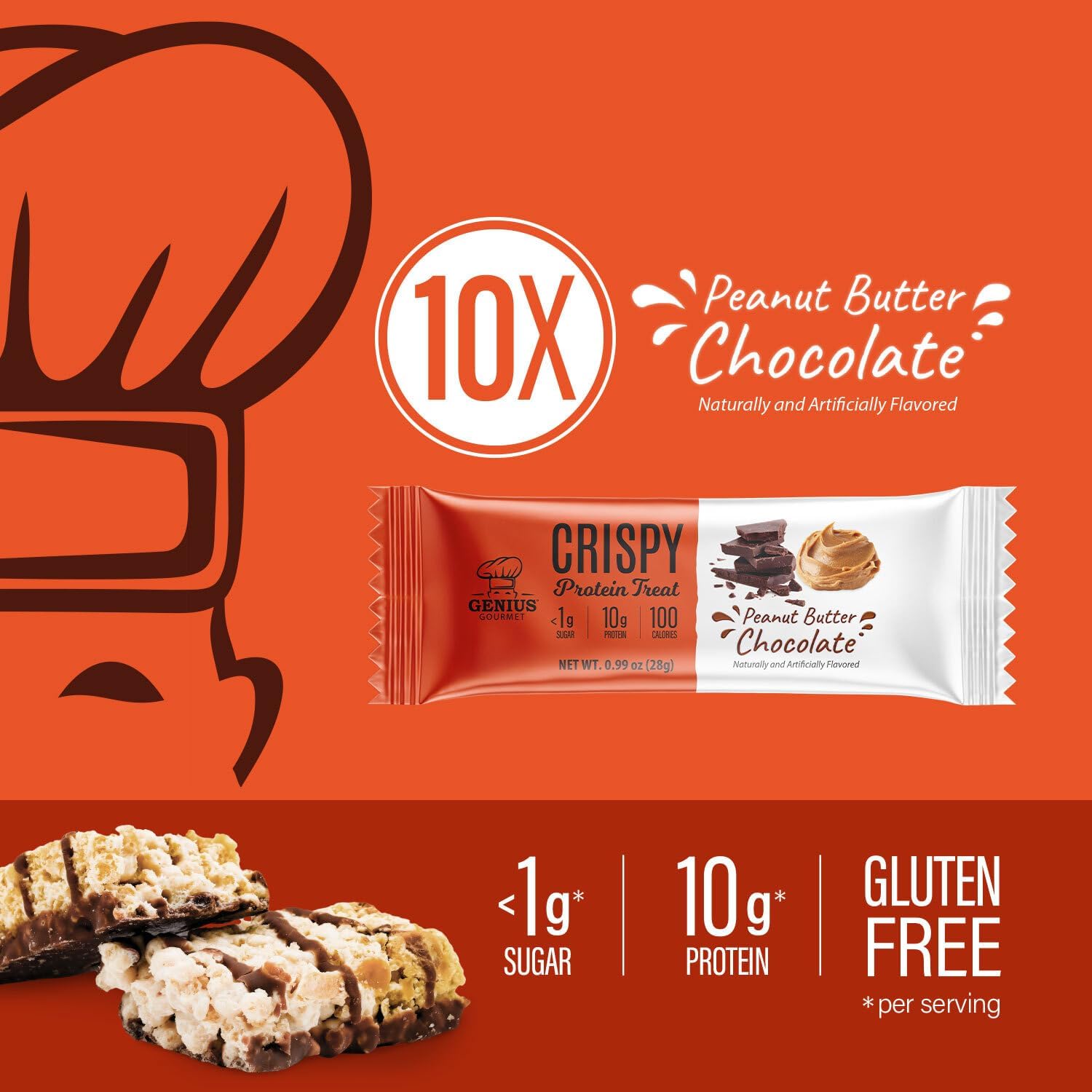 Genius Gourmet Crispy Protein Treat, Chocolate Peanut Butter, Keto Snack, Low Carb, Low Sugar & Gluten Free, Protein Snacks for Adults, 10G of Whey