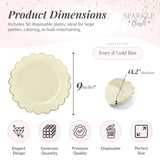 Sparkle and Bash Bulk 50 Pack Scalloped Plates - 9 Inch Ivory Plastic Plate with Elegant Gold Rim - Fancy Disposable Plates for Party, Birthday