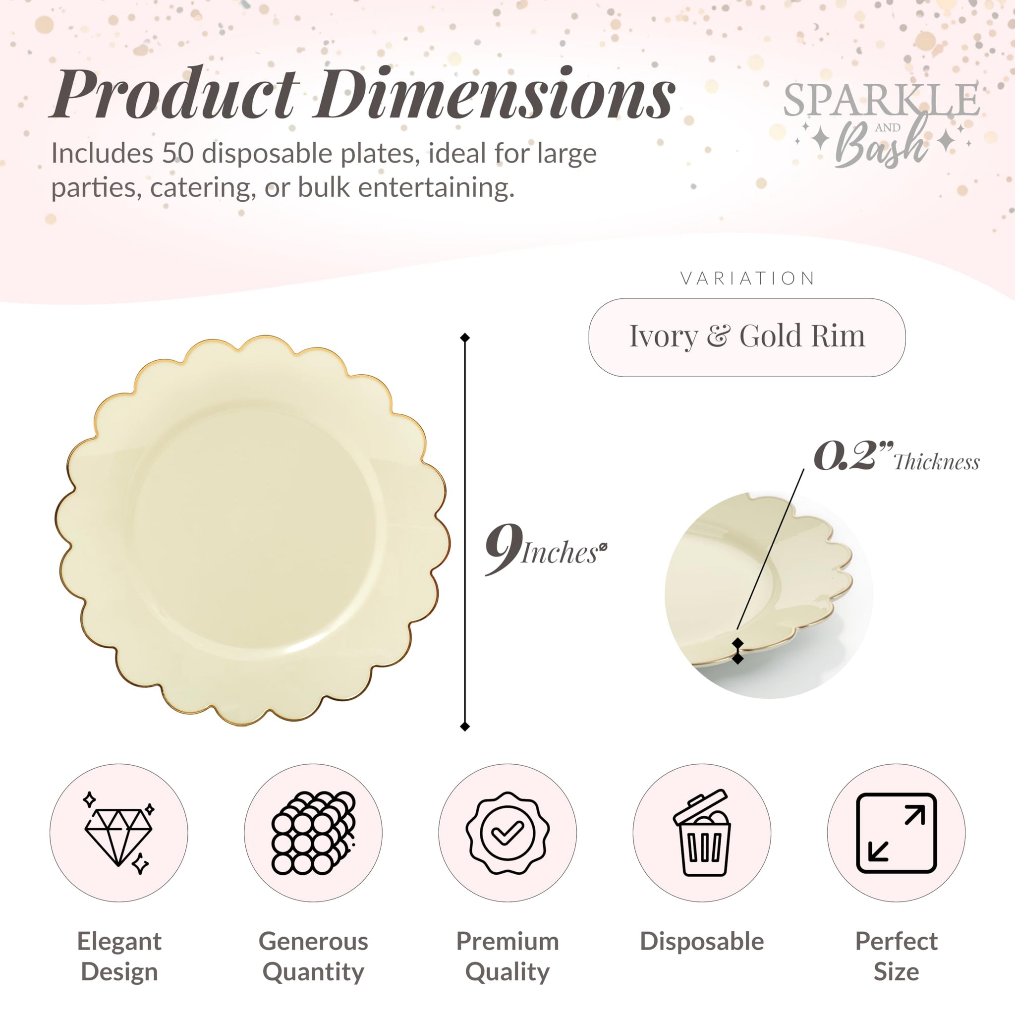 Sparkle and Bash Bulk 50 Pack Scalloped Plates - 9 Inch Ivory Plastic Plate with Elegant Gold Rim - Fancy Disposable Plates for Party, Birthday