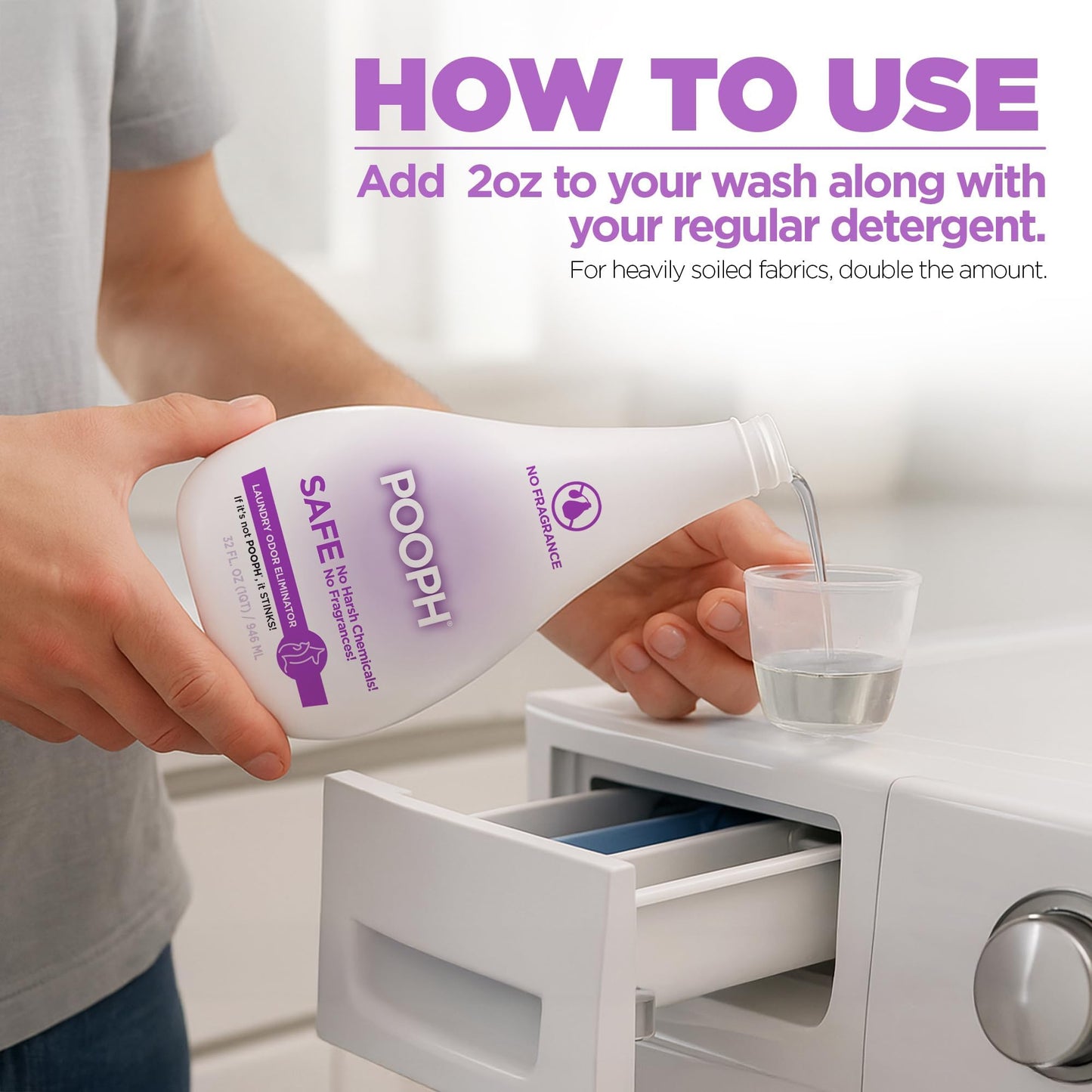 POOPH® Laundry - 32oz Bottle (16 Loads) - Eliminates The Toughest Odors in a One Wash - With No Fragrances. Just Add 2oz With Laundry Detergent - No