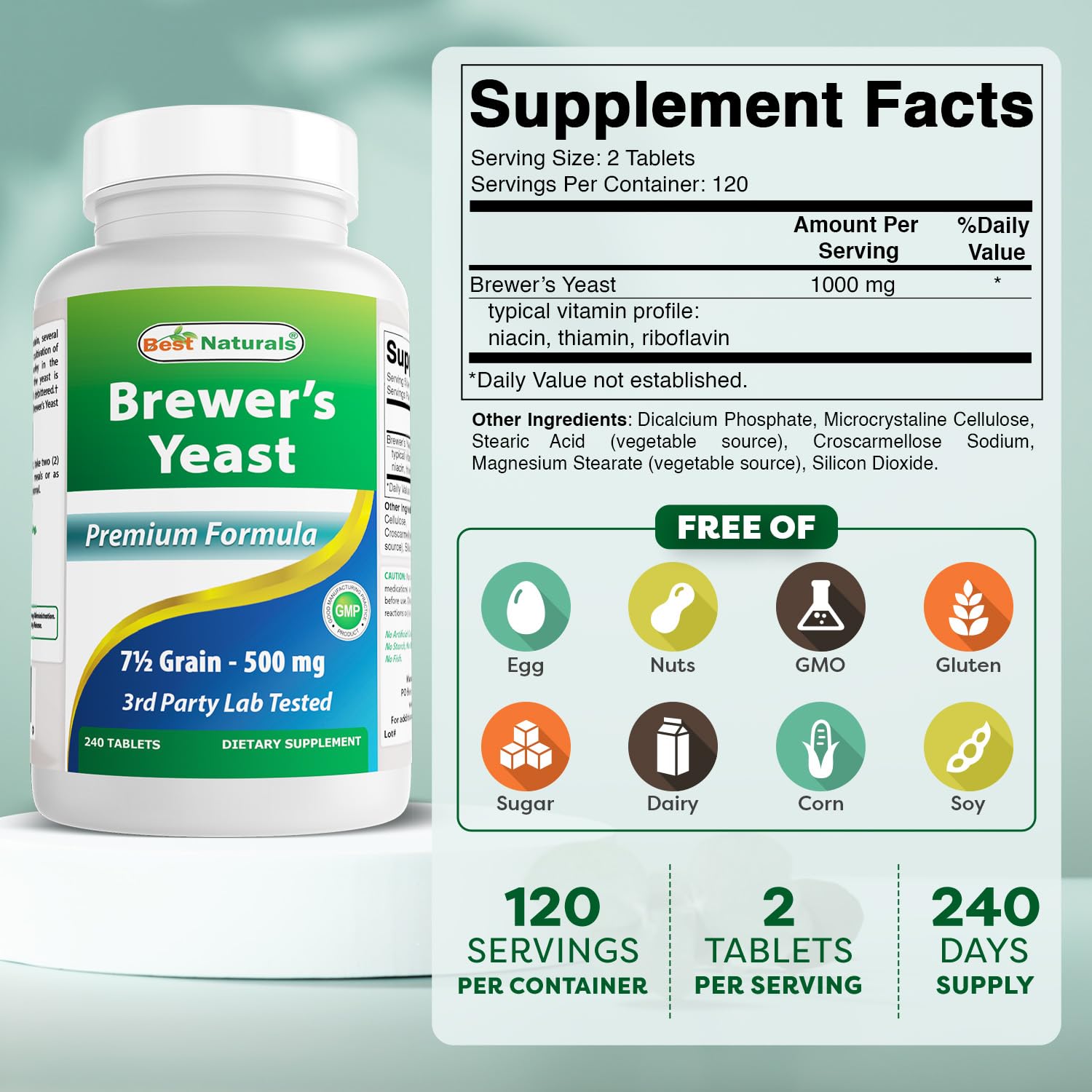 Best Naturals, Brewers Yeast, 7-1/2 Grains with Vitamin B1, Vitamin B2, 1000 mg 240 Tablets (240 Count (Pack of 2))