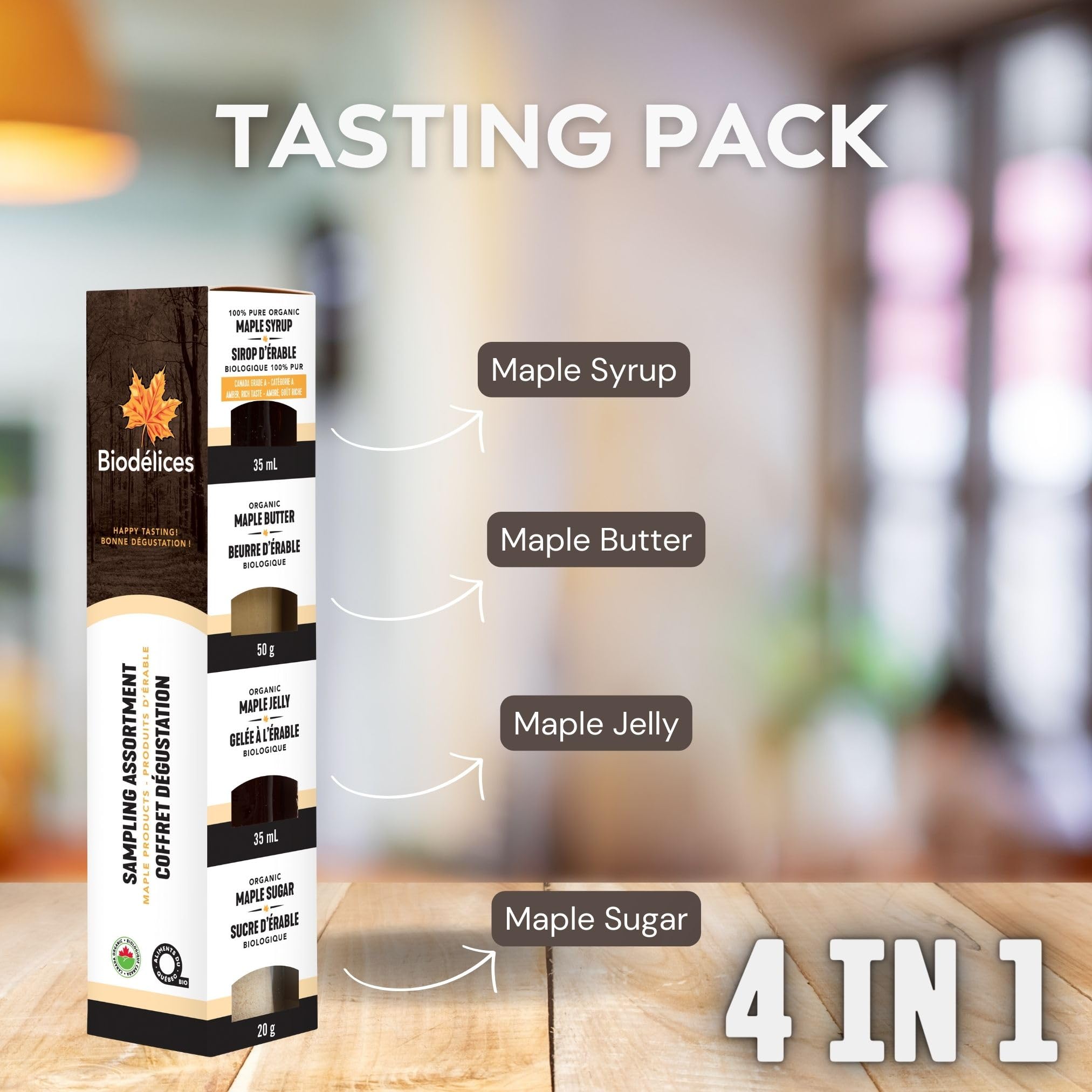 Biodelices Organic Maple Syrup, Maple Butter, Maple Jelly, and Maple Sugar - 100% Pure Maple Syrup - Tasting Pack - Premium Artisan, Natural