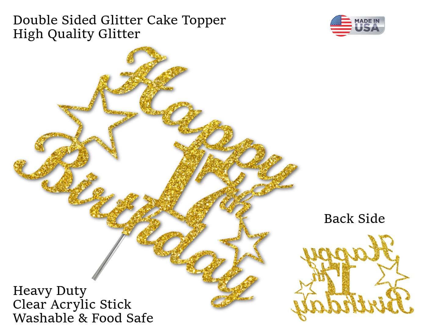 17 Birthday Cake Topper Gold Glitter, Party Decoration Ideas, Premium Quality, Sturdy Doubled Sided Glitter, Acrylic Stick. Made in USA (17th)