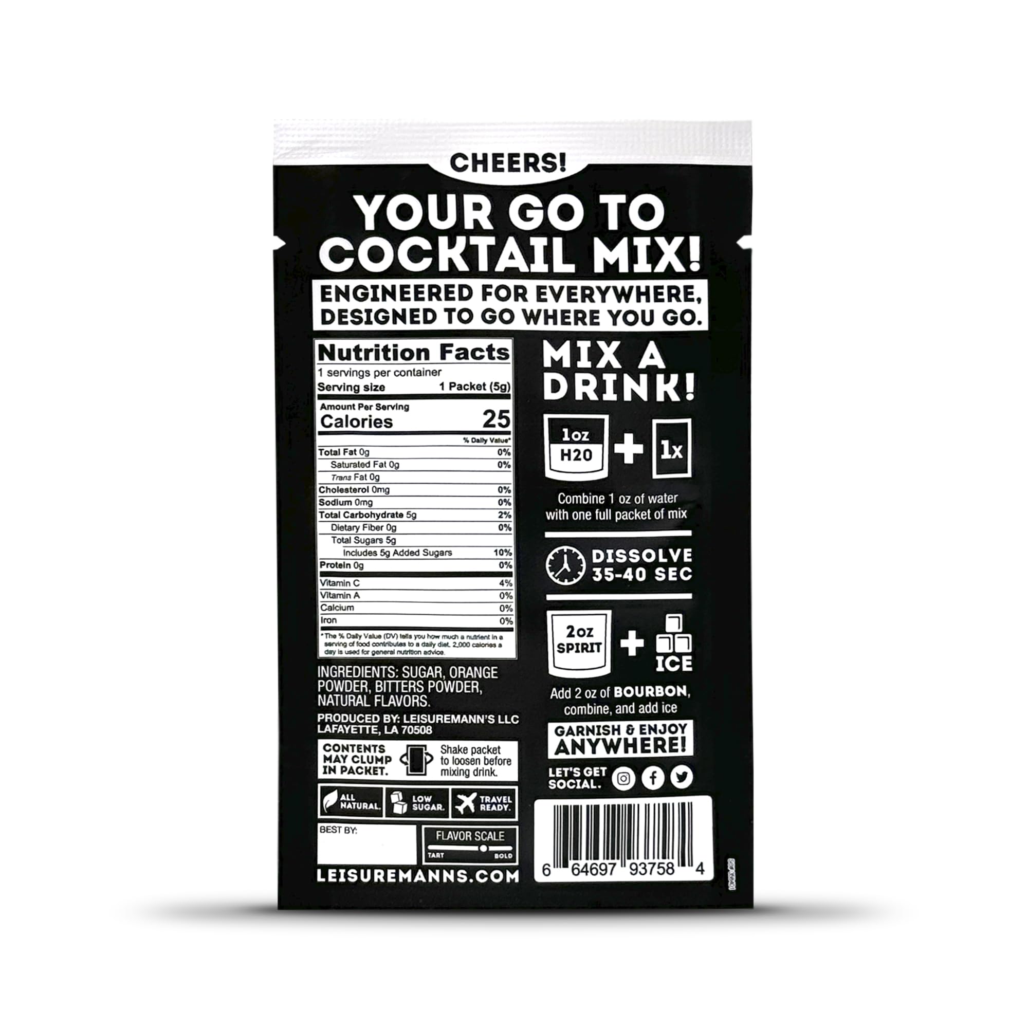 Leisuremann's Old Fashioned Single Serve Cocktail Mixer - Cocktail or Mocktail Powders Designed to Make Happy Hour Easier - All Natural - Low Sugar