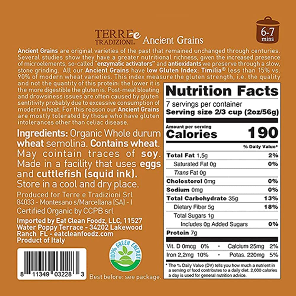 3 PACKS ORGANIC ITALIAN WHOLE DURUM WHEAT FUSILLI PASTA - Sicilian Ancient Grain Timilia Vegan Pasta Crafted in Italy. LOW-GLUTEN INDEX. Has 6X More