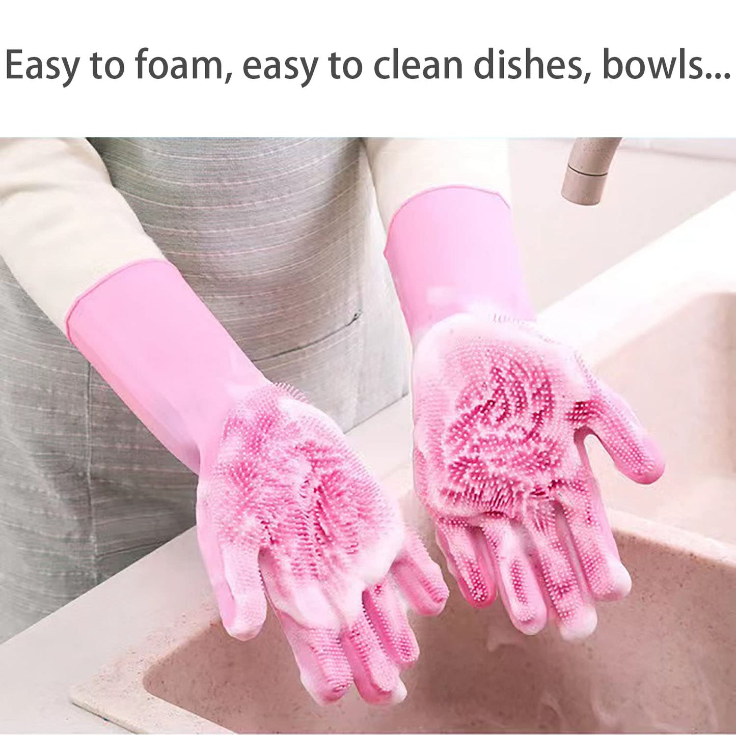 HUAYINGMEI Dishwashing Gloves Kitchen Magic Gloves Dishwashing Brush (Pink)