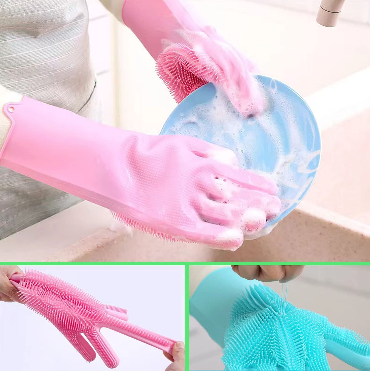 HUAYINGMEI Dishwashing Gloves Kitchen Magic Gloves Dishwashing Brush (Pink)