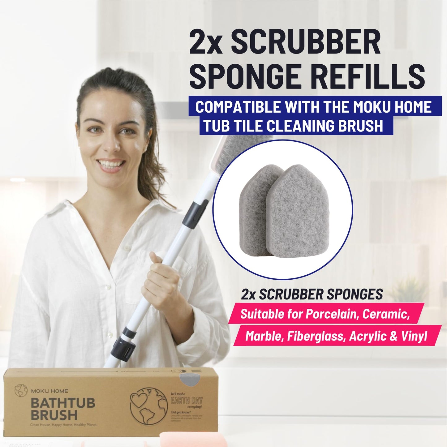 Moku Home Replacement Scrubber Refill for Moku Home Extendable Tub Tile Shower Brush for Cleaning Non-Scratch (2X Scrubber Sponge Gray)