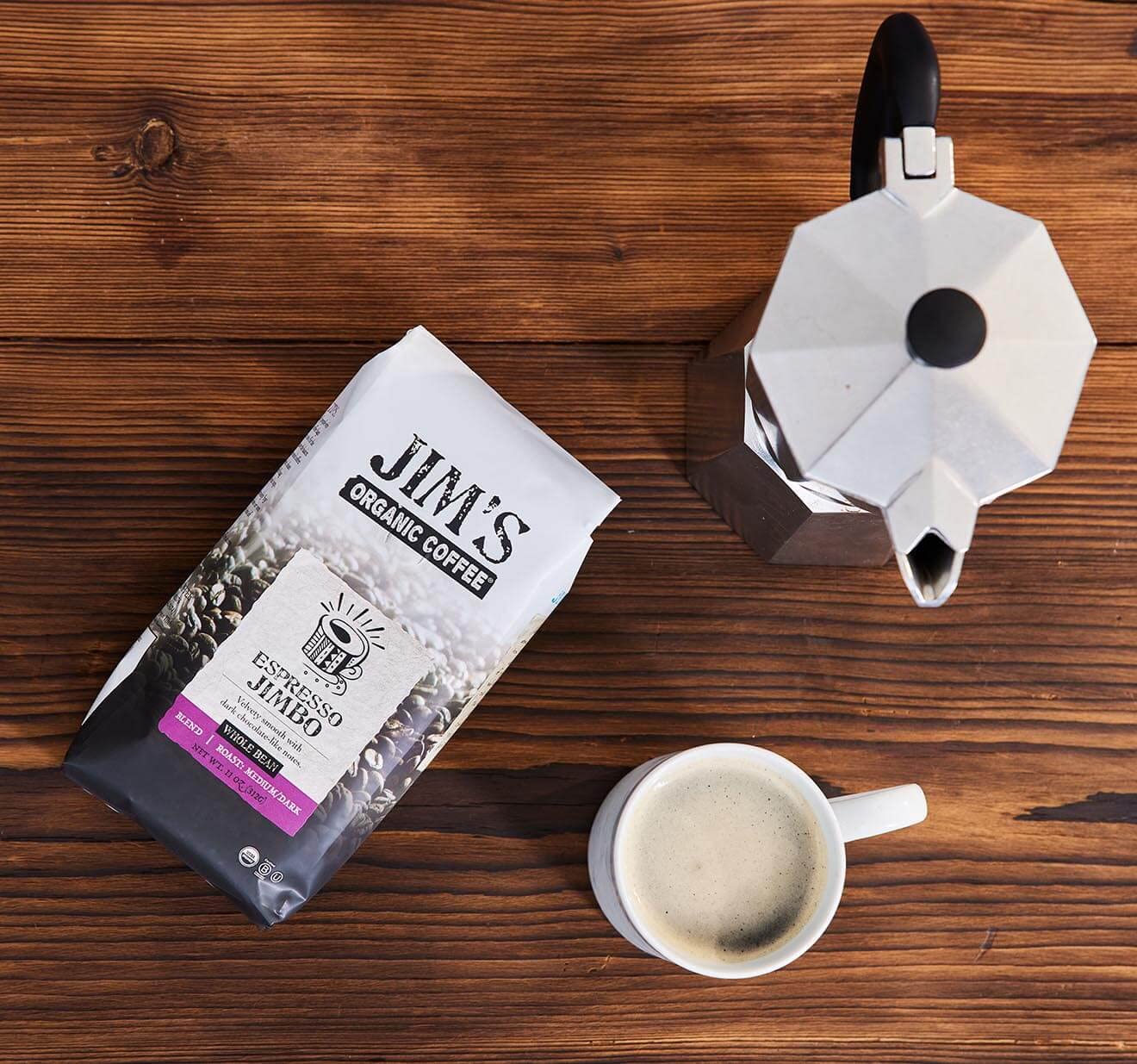 Jim’s Organic Coffee - Espresso Jimbo: Whole Bean Medium/Dark Roast 11oz Bag- Certified Organic, Regeneratively Grown, Ethically Sourced, Shade Grown