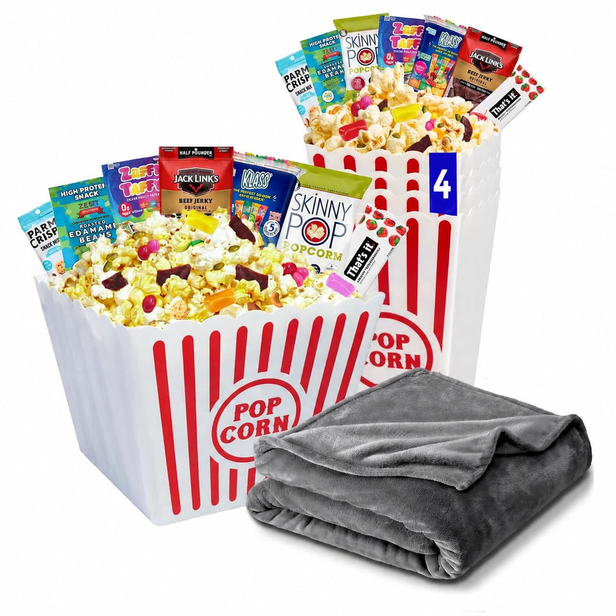 Movie Night Gift Basket with Fleece Blanket, Sugar-Free Popcorn, Low Carb Candies, Perfect Keto-Friendly Treats for the Whole Family (Family Pack)