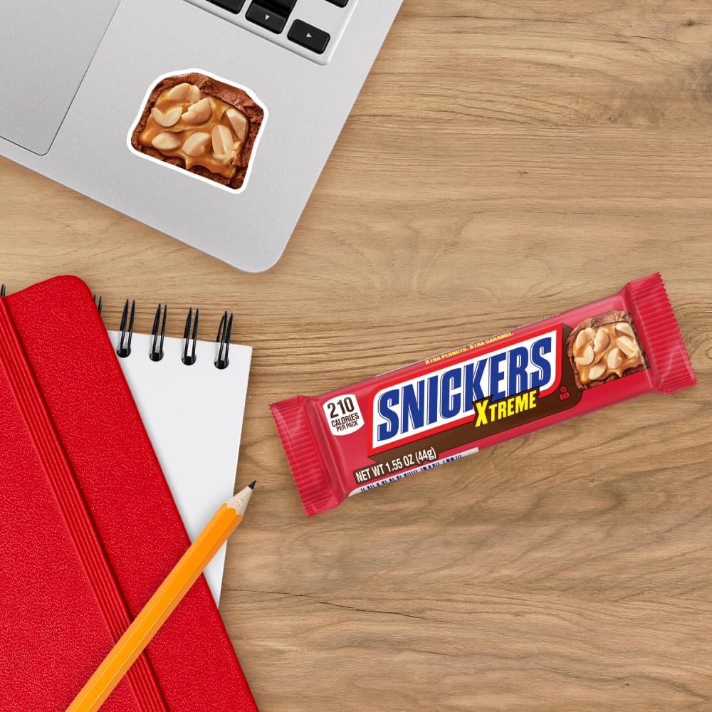 SNICKERS Xtreme Peanut and Caramel Chocolate Extra Peanuts, Extra Caramel Candy Bar, 1.55 Oz Single Bar, 24 Count