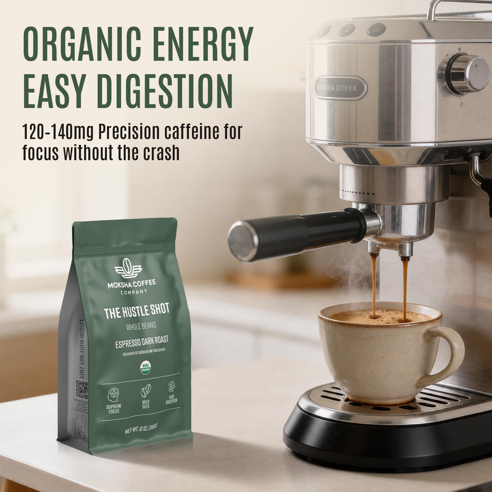 Moksha Organic Espresso Coffee Whole Beans, Premium Guatemala, Huehuetenango. Low Acid, Easy Digestion, Non-GMO. Coffee Beans Dark Roasted in Small