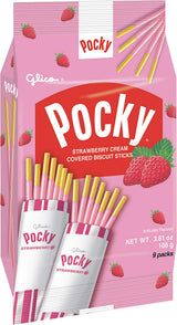Glico Pocky, Strawberry Cream Covered Biscuit Sticks, 9 Individual Packs, 3.81 Ounce Bag - 5 Count Display Box