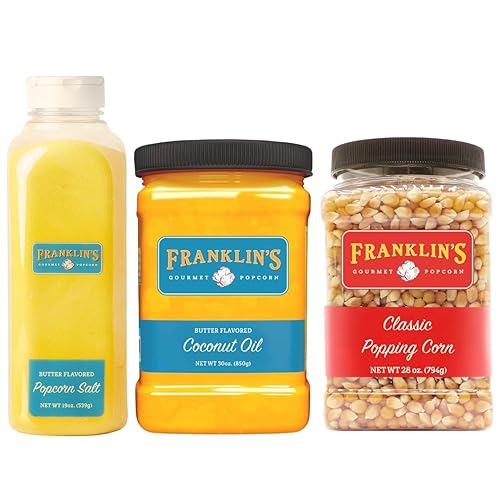 Franklin's Gourmet Popcorn - Classic 28 oz. Popping Kernels, 19 oz. Butter Flavored Popcorn Seasoning Salt, 30 oz. Butter Flavored Coconut Oil