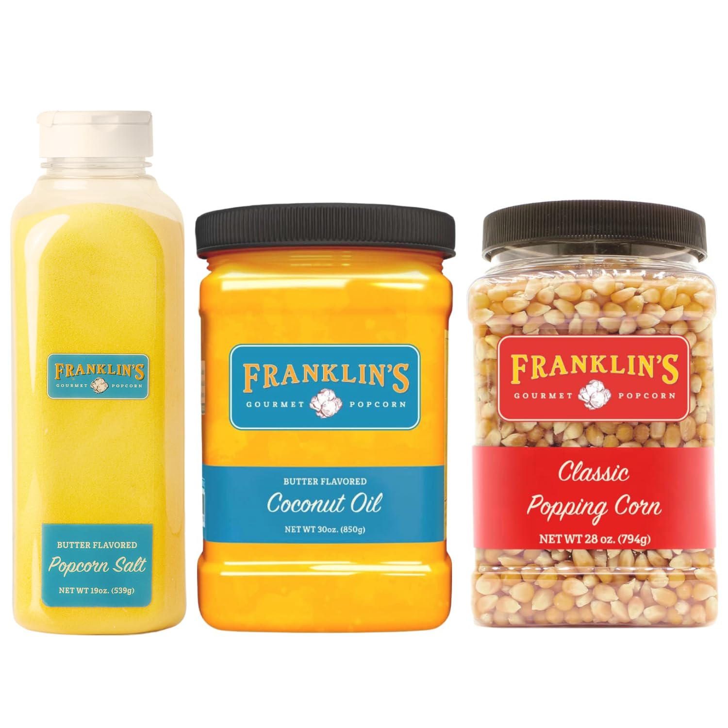 Franklin's Gourmet Popcorn - Classic 28 oz. Popping Kernels, 19 oz. Butter Flavored Popcorn Seasoning Salt, 30 oz. Butter Flavored Coconut Oil