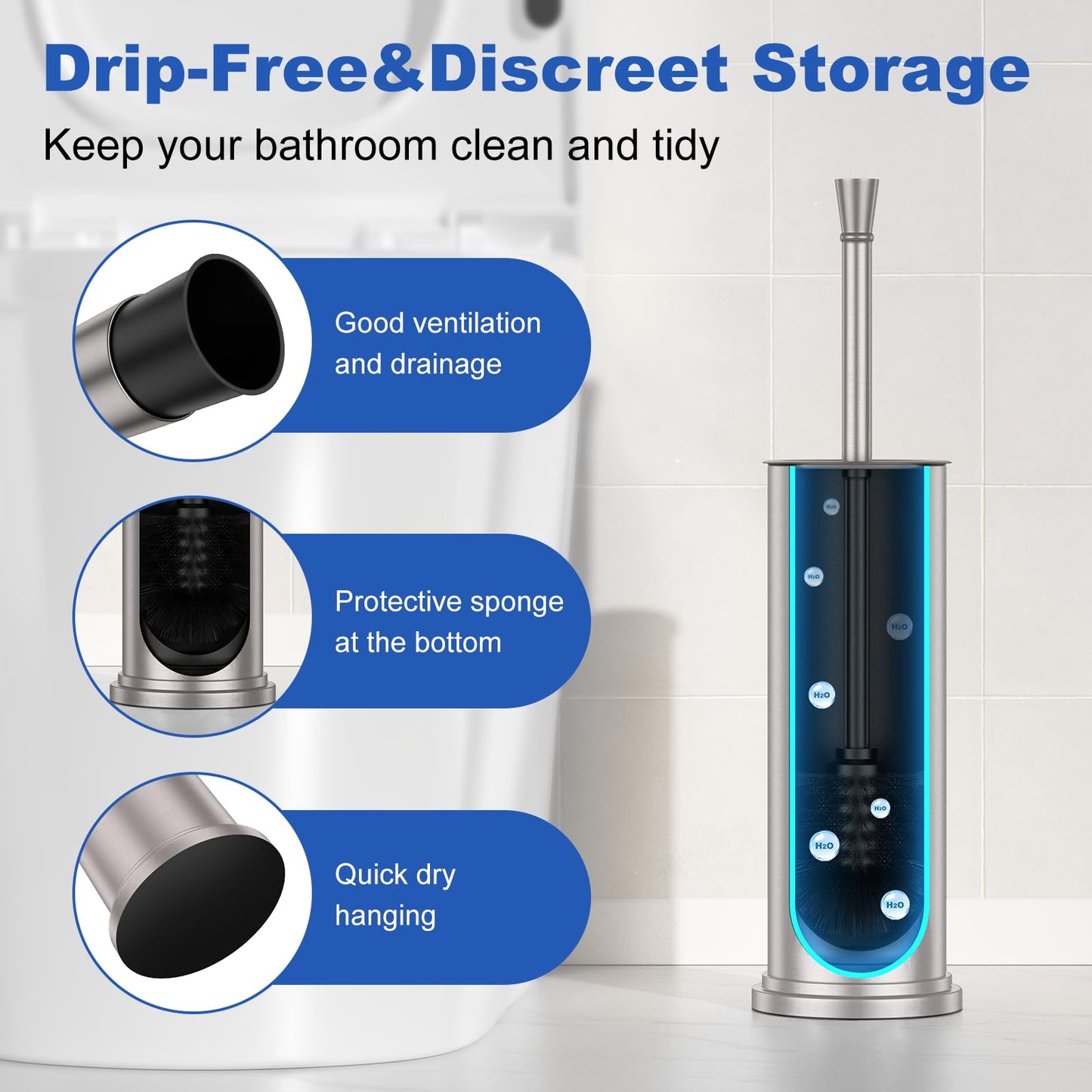 Nickel Brush and Holder?Extra Long Handled Nickel Brush for Bathroom?Stainless Steel Heavy Duty Toilet Bowl Brush,Deep Cleaning Modern Toilet Cleaner