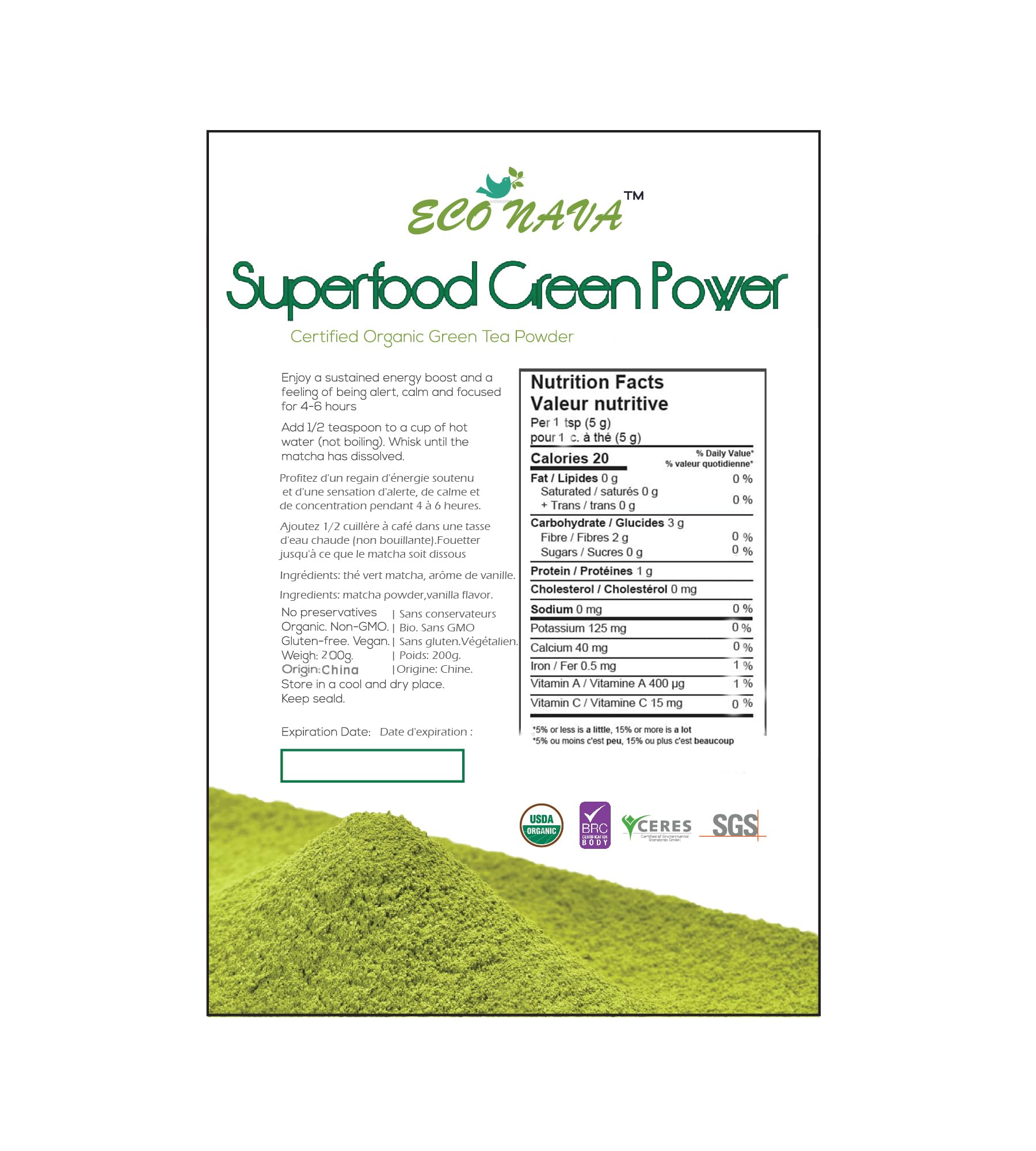 Vanilla Matcha Green Tea Powder - ECO NAVA - Certified USDA Organic - GMO FREE - 100% Natural - Premium Grade Macha Powder for Making Cake, Smoothie