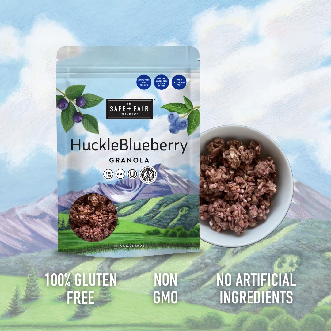 Safe + Fair HuckleBlueberry Granola - Gluten-Free, Dairy-Free & Vegan Breakfast, Snack or Dessert - Allergen-Free, Non-GMO, and No Artificial