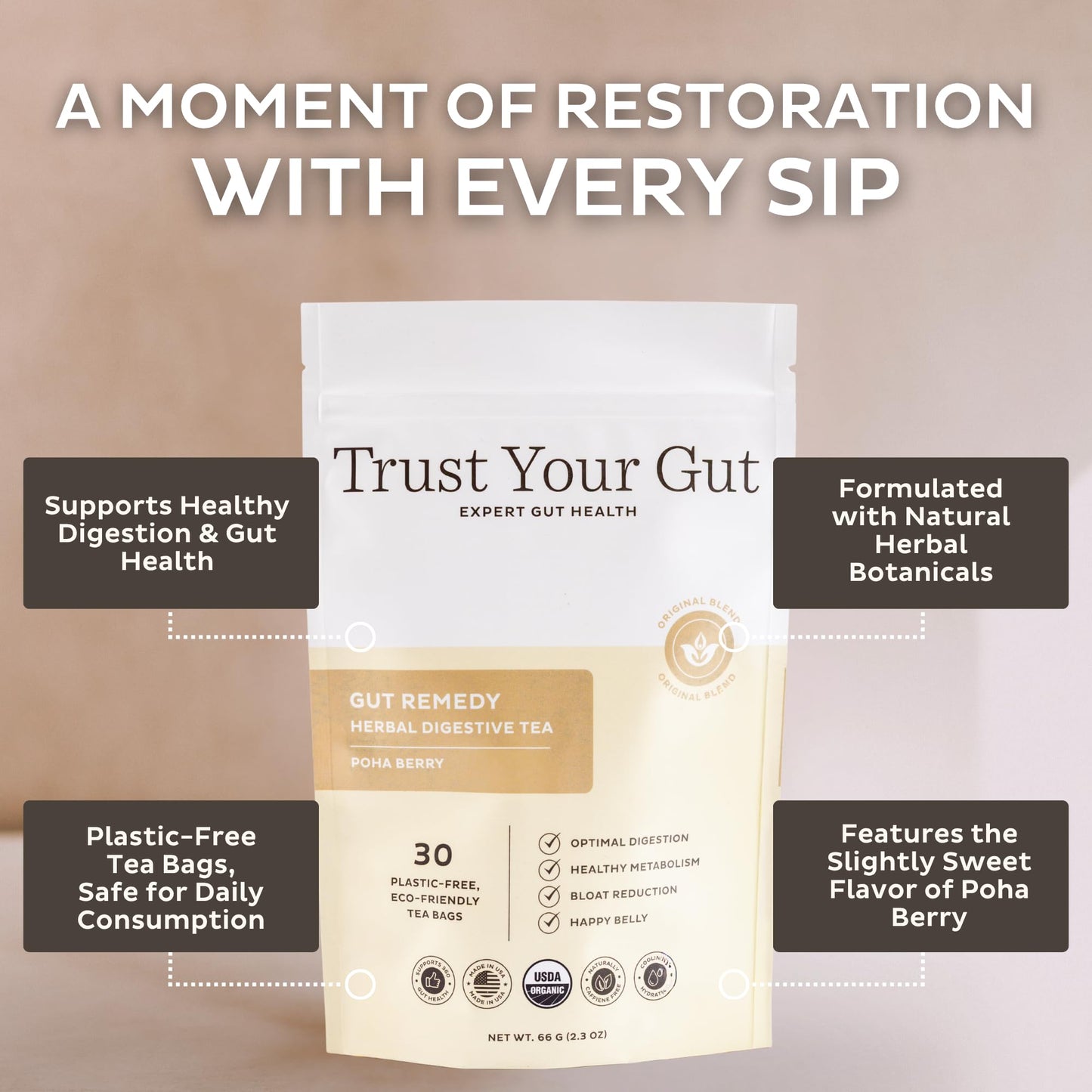 Trust Your Gut Organic Herbal Tea Blend - Lemon Balm, Holy Basil, Dandelion & Ginger Root - Supports Healthy Digestion & Gut Balance - Poha Berry, 30