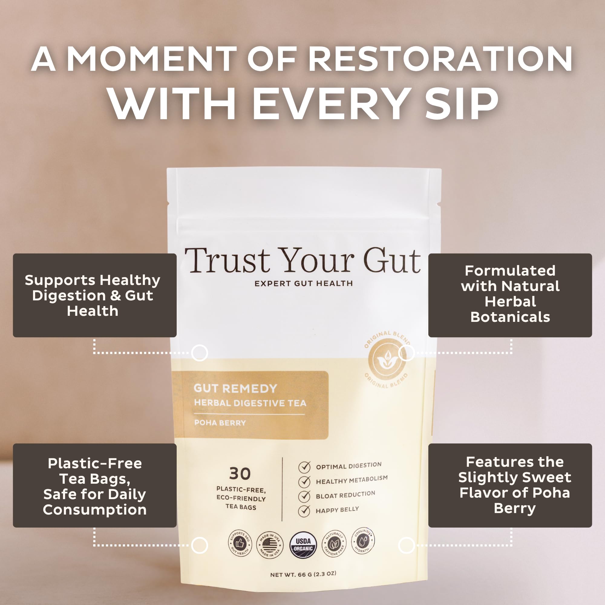 Trust Your Gut Organic Herbal Tea Blend - Lemon Balm, Holy Basil, Dandelion & Ginger Root - Supports Healthy Digestion & Gut Balance - Poha Berry, 30