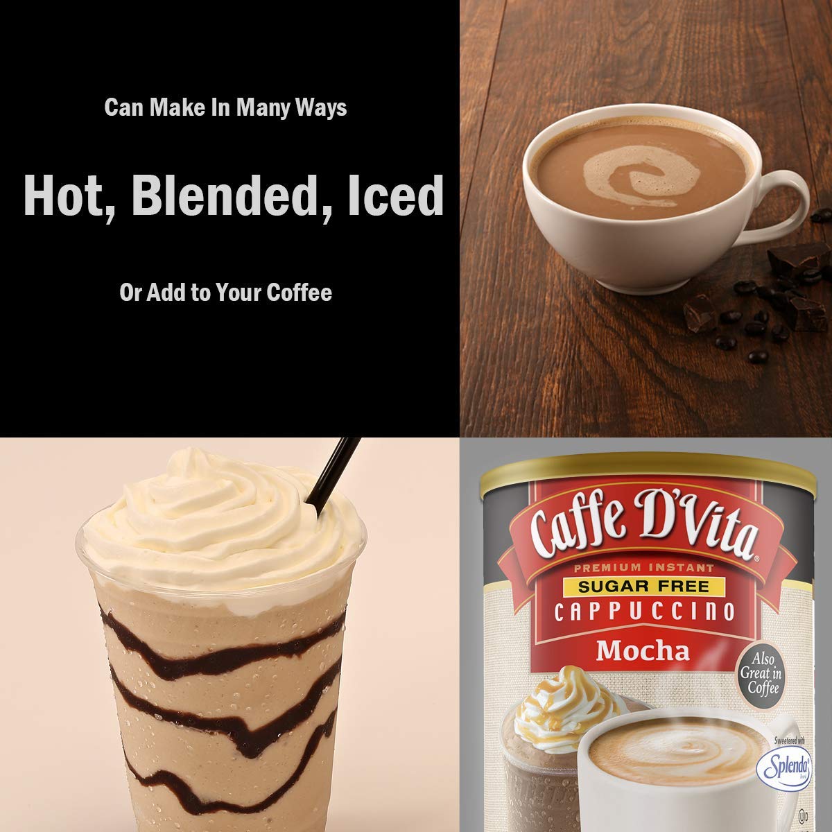 Caffe D’Vita Sugar Free Mocha Cappuccino Mix - Sugar Free Mocha Mix, Gluten Free, No Cholesterol, No Hydrogenated Oils, No Trans Fat, 99% Caffeine