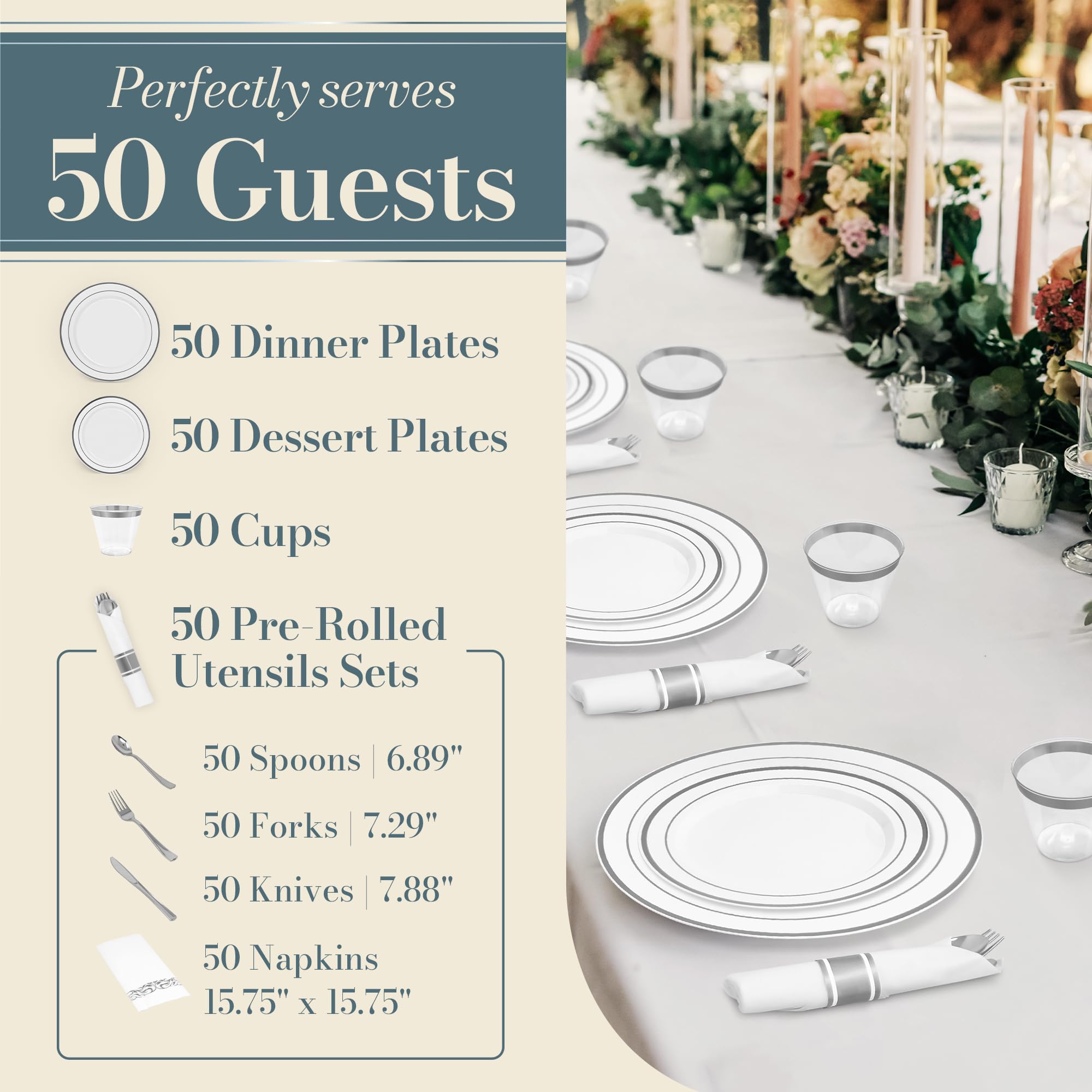 Reli. Plastic Plates for Party | 350 Pcs | White w/Silver Rim | Plates and Napkins Party Supplies | Disposable Dinnerware Set for 50 Guests |Dinner