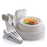 Fuyit 250Pcs Compostable Paper Plates with Cutlery Set, Disposable Biodegradable LONG Utensil Eco-Friendly Dinnerware Includes Plates, Fork, Knife