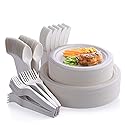 Fuyit 250Pcs Compostable Paper Plates with Cutlery Set, Disposable Biodegradable LONG Utensil Eco-Friendly Dinnerware Includes Plates, Fork, Knife