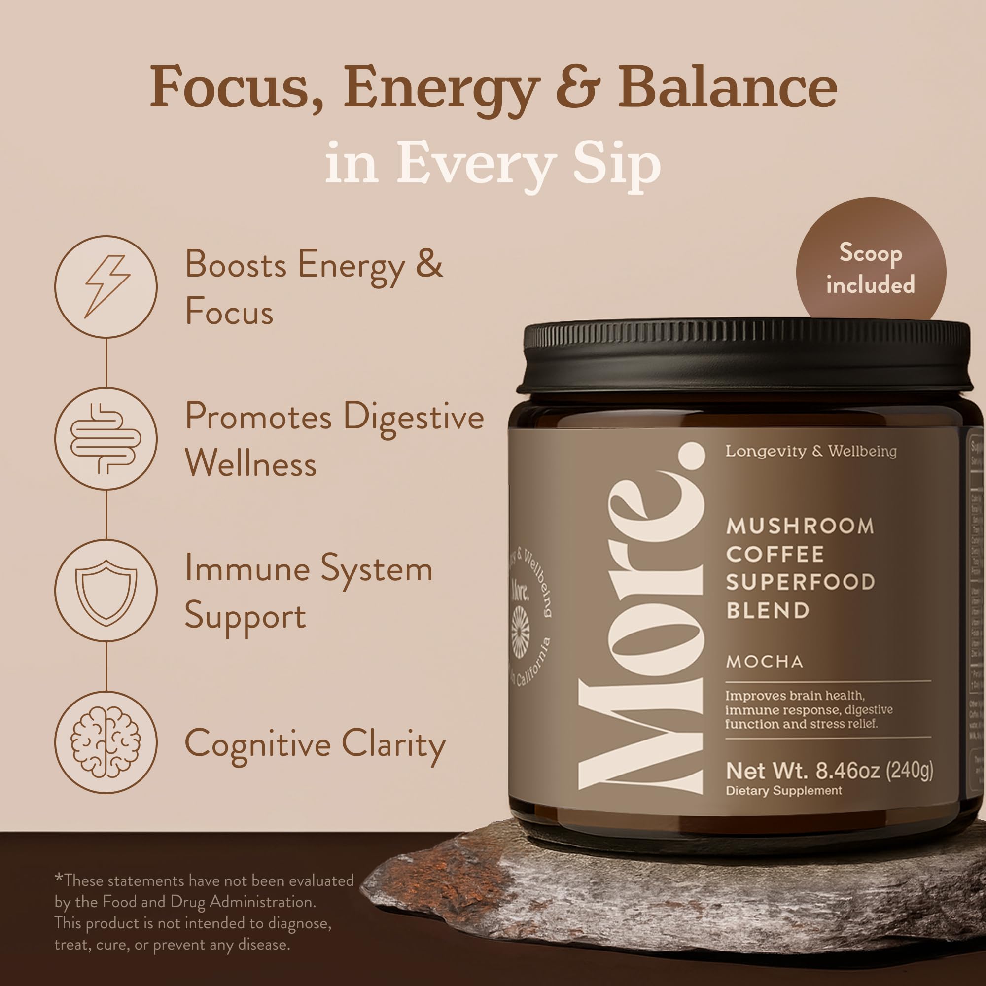 More. Longevity & Wellbeing Premium Mushroom Coffee Superfood - 7 Functional Mushroom Extracts with Lion’s Mane, Reishi, Chaga & Ashwagandha, Instant