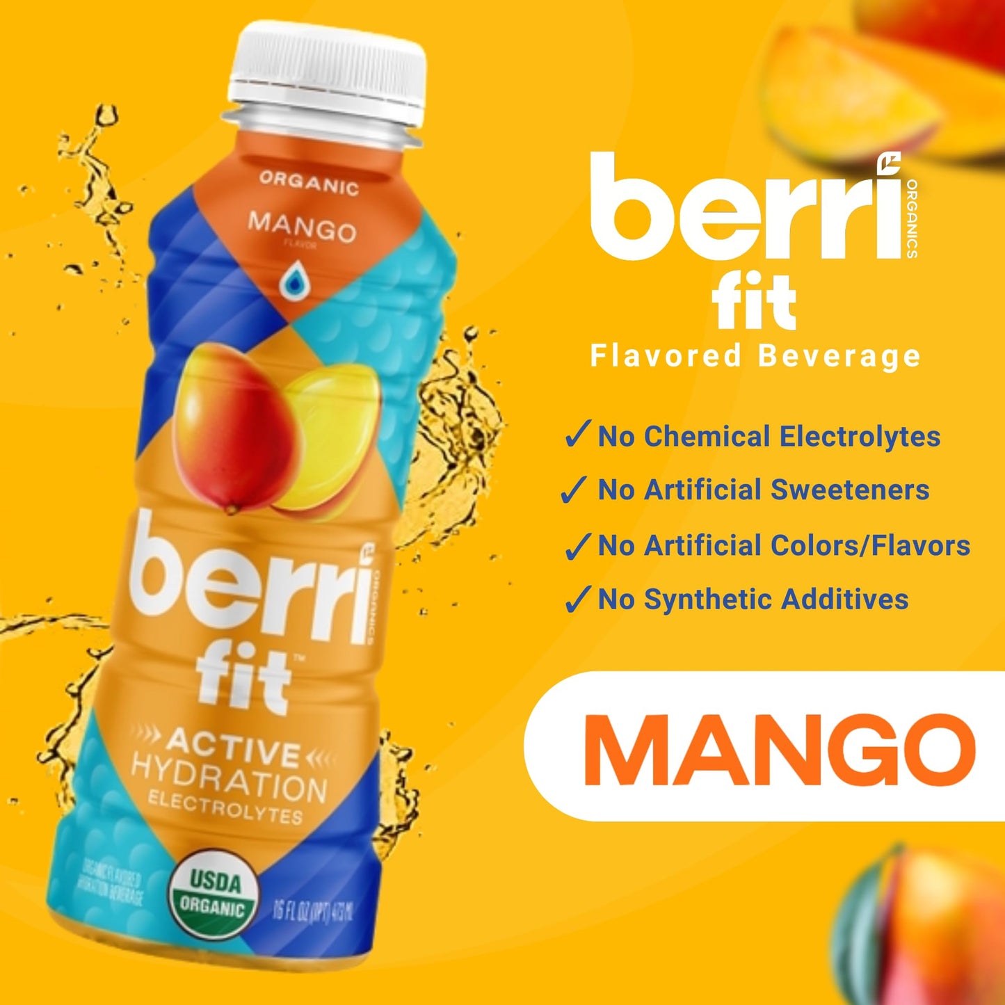 Berri Fit Hydration - Organic Mango Flavor Natural Sports Drink - Plant-Based Electrolyte Beverage - Low Calorie, Paleo Coconut Water Solution, 16oz