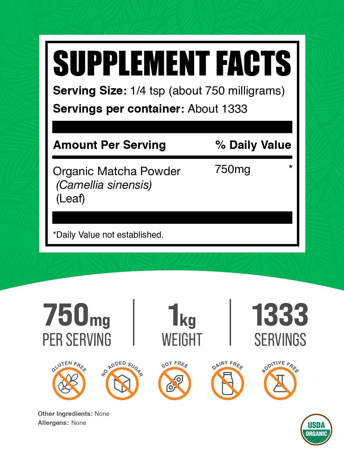 BulkSupplements.com Organic Matcha Powder - Matcha Powder for Latte, Culinary Grade Matcha - Organic & Gluten Free, 750mg per Serving, 1kg (2.2 lbs)