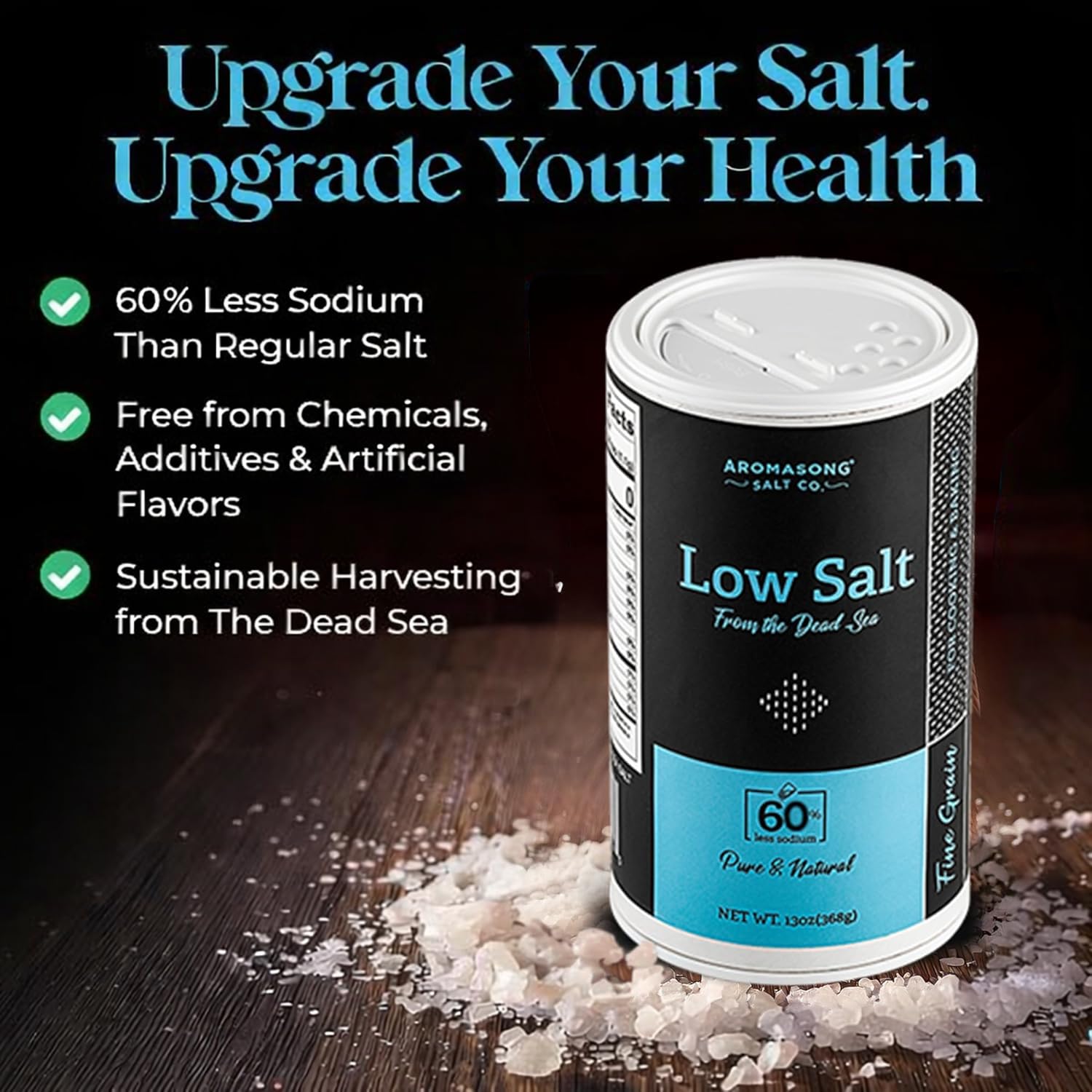 Aromasong Low Sodium Sea Salt 13 OZ. | 2-Pack | Saltshaker 100% Natural Fine Grain Dead Sea Potassium Chloride with Dead Sea Salt.