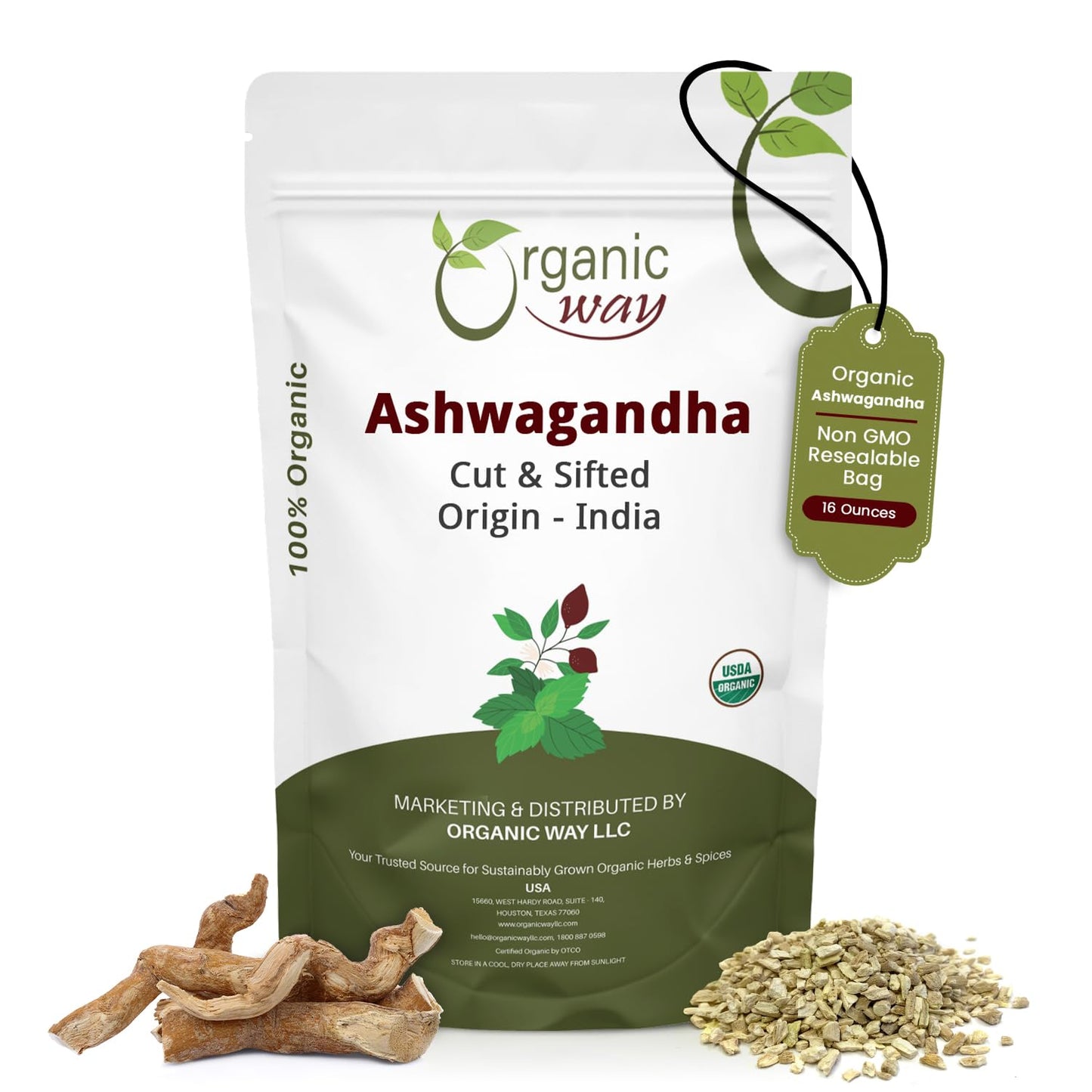 Organic Way Ashwagandha Root Cut & Sifted (Withania somnifera) - Organic & Kosher Certified | Vegan, Non GMO & Gluten Free | USDA Certified | Origin