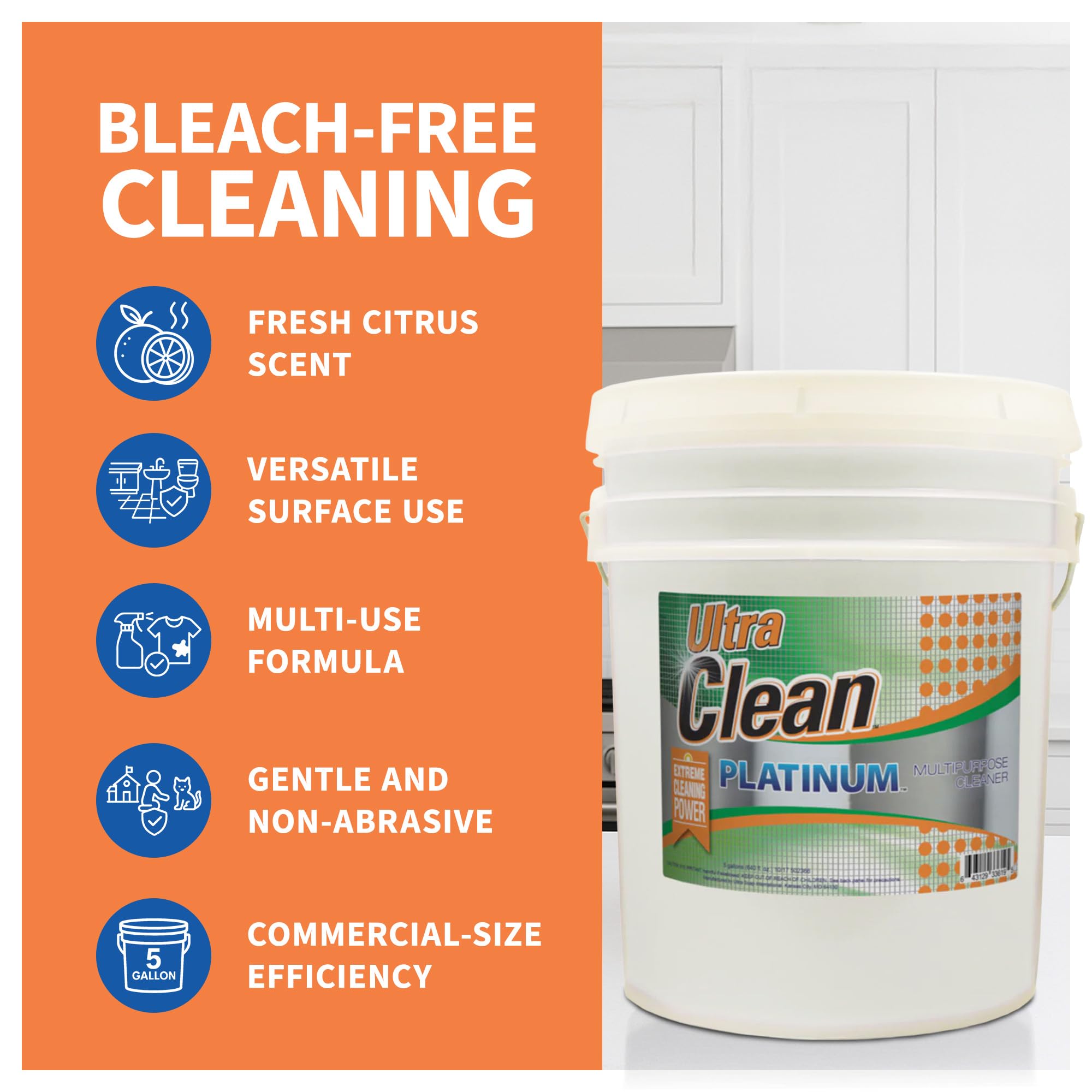 Ultra Clean Platinum Multipurpose Cleaner, Non-Abrasive and Bleach-Free, for Kitchen Counters, Bathroom Floors and Garage Spaces, Citrus, 5 Gallons