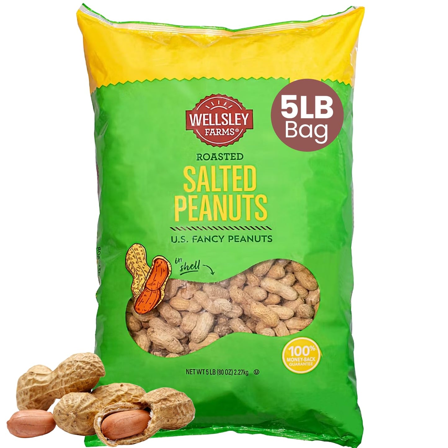 Wellsley Farms Salted Roasted Peanuts In Shell, USA Grown Whole, Non-GMO, Gluten-Free, Vegan, Cholesterol-Free, Shell-Cracking Snack for Game Day, BBQ