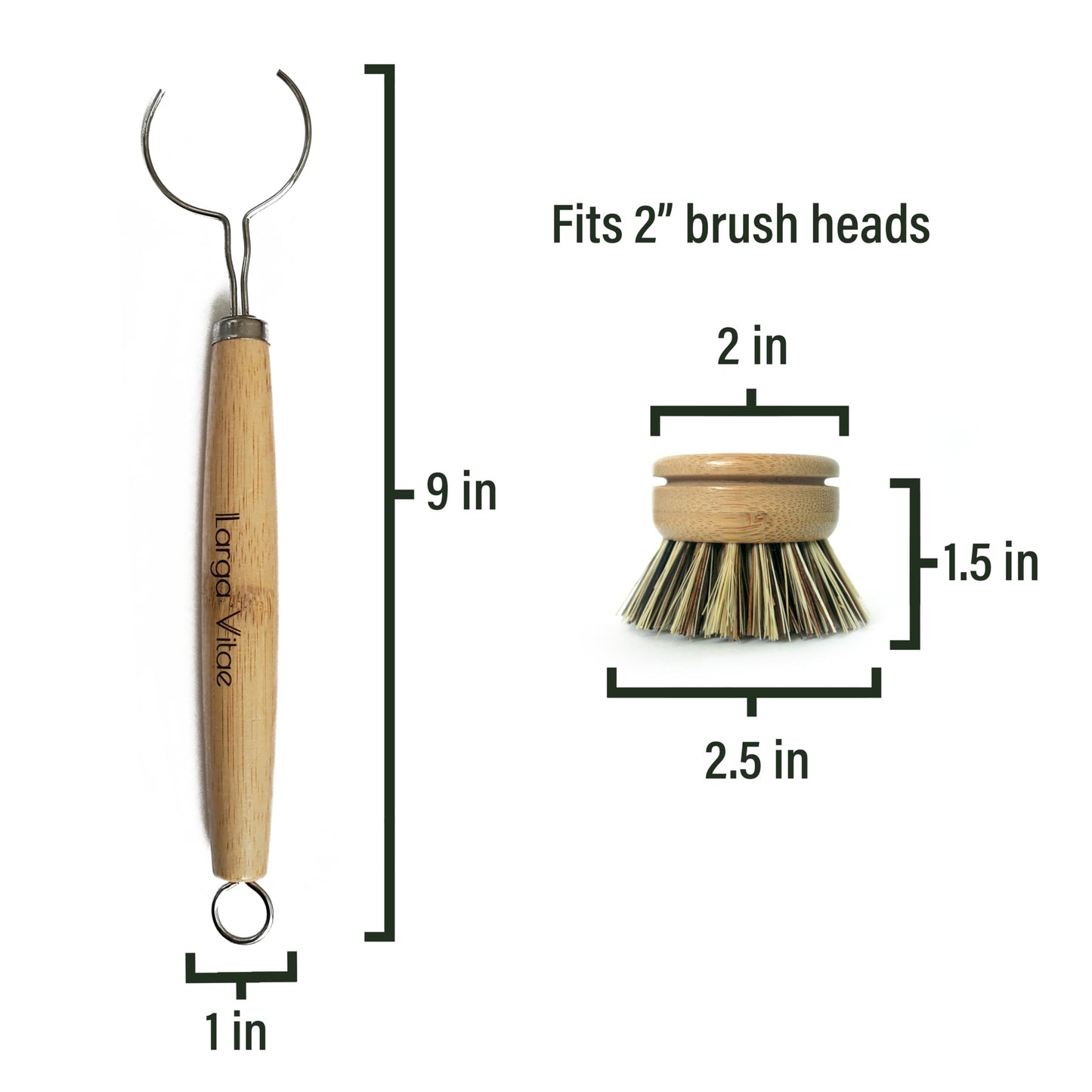 Larga Vitae Bamboo Thick Dish Brush Handle 3-Pack | Fits Tampico, Palm, Sisal & Natural Fiber Heads | Plastic-Free, Biodegradable | Zero Waste Kitchen