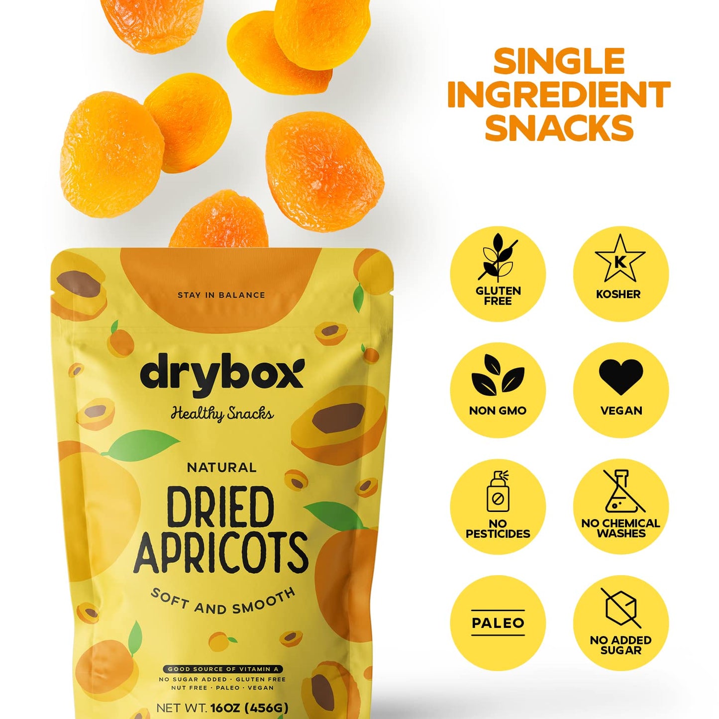 Drybox Dried Turkish Apricots No Sugar Added, Unsweetened Non-GMO | Dry Apricot Snacks | All Natural Mediterranean Dried Fruit Resealable 1 lb per