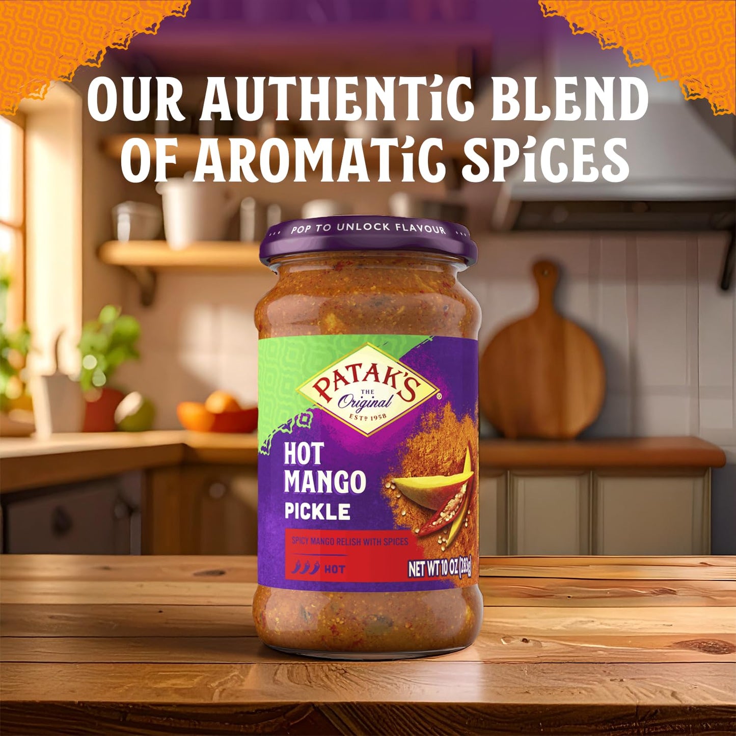 Patak’s Hot Mango Pickle - Authentic Indian Relish w/Mango Chunks, Mustard Seeds & Aromatic Spices - Perfect for Sandwiches, Salads & Cold Meats