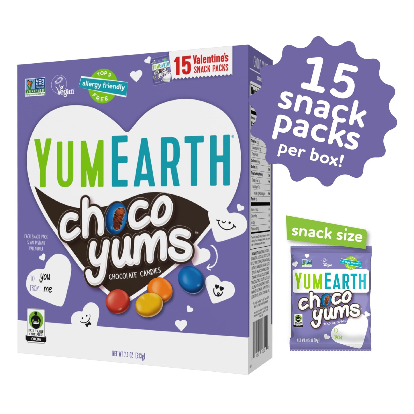 YumEarth Valentine's Choco Yums, 15 Individually Wrapped Snack Packs, Allergy Friendly, Gluten Free, Non-GMO, Vegan, No Artificial Dyes (7.5 Ounce