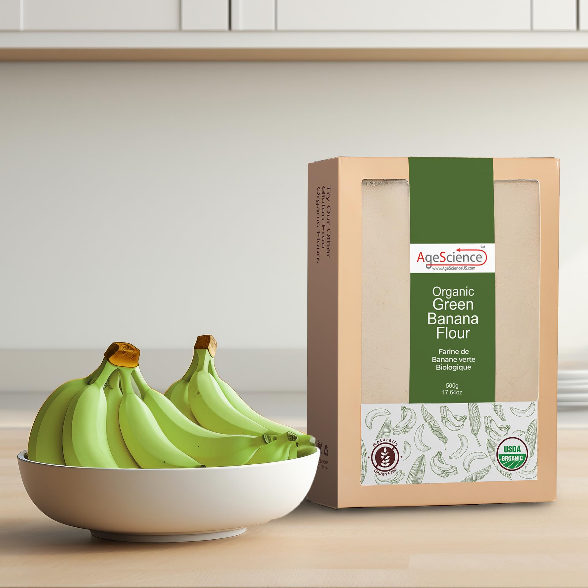 AgeScience Organic Green Banana Flour - USDA Organic Certified - Gluten Free All Purpose Flour Alternative For Baking & Cooking Recipes - Grain Free