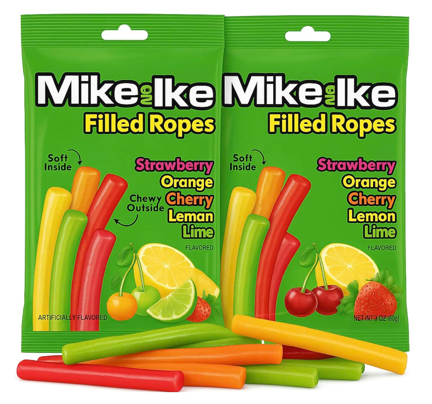 Mike and Ike Filled Licorice Ropes, Assorted Fruit Flavors, Soft and Chewy Candy with Filled Center, 2 Pack