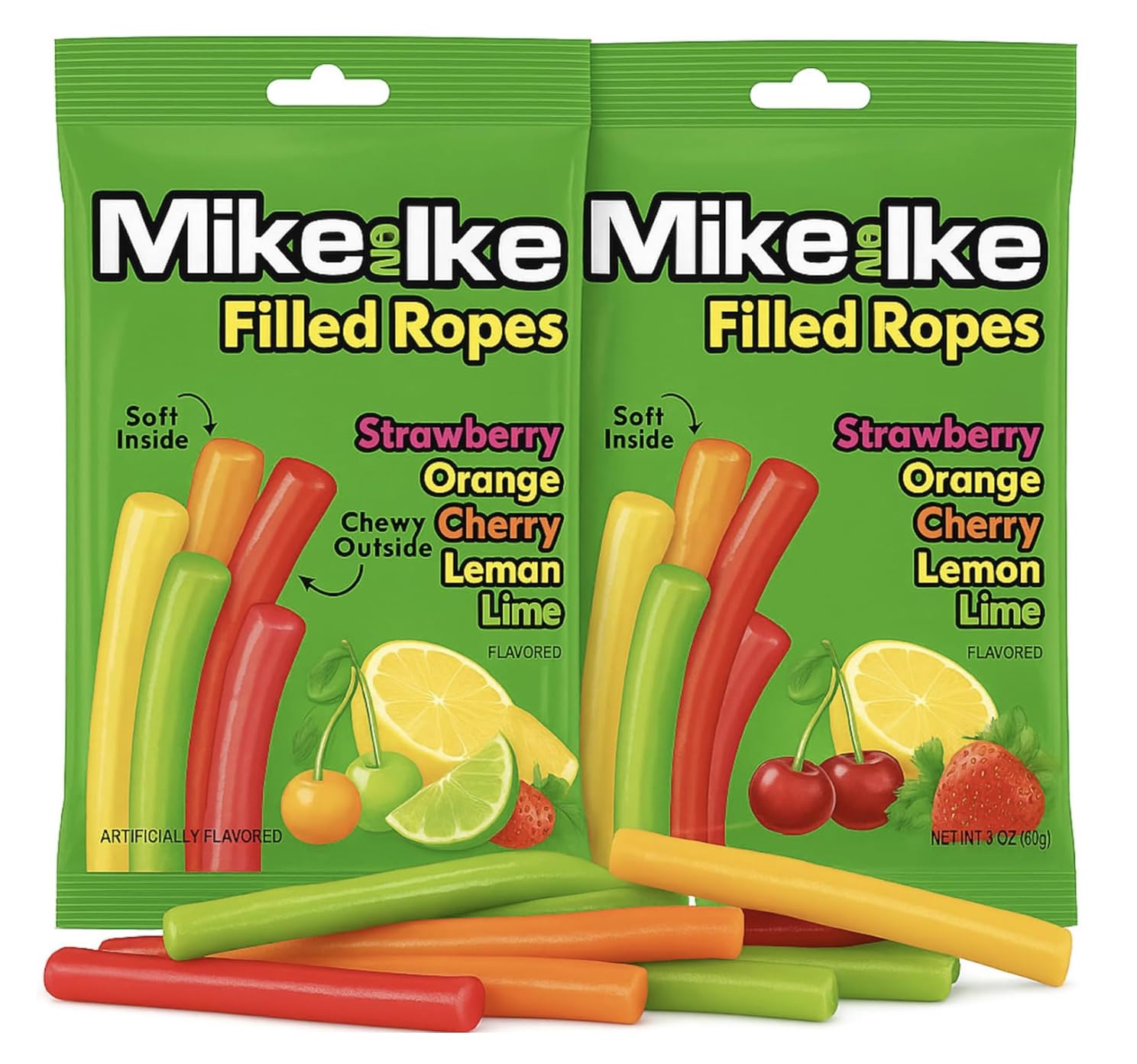 Mike and Ike Filled Licorice Ropes, Assorted Fruit Flavors, Soft and Chewy Candy with Filled Center, 2 Pack
