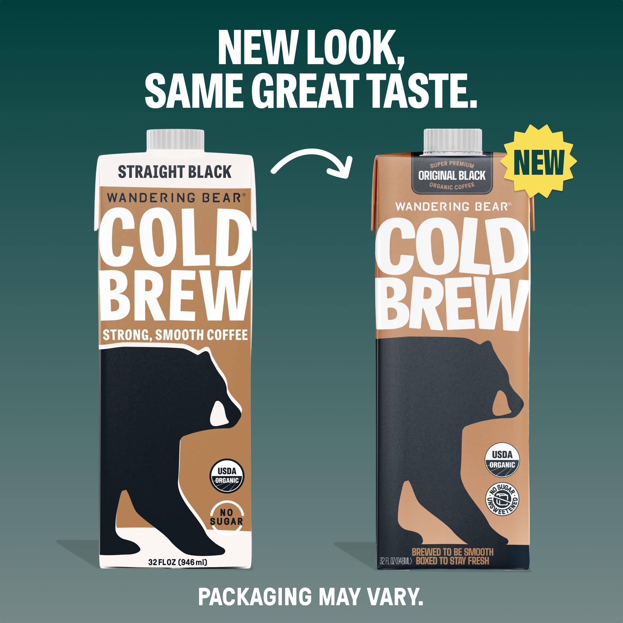 Wandering Bear Straight Black Organic Cold Brew Coffee - Extra Strong, Bold, Smooth, Unsweetened, Shelf-Stable, Ready to Drink & Vegan, 100% Organic