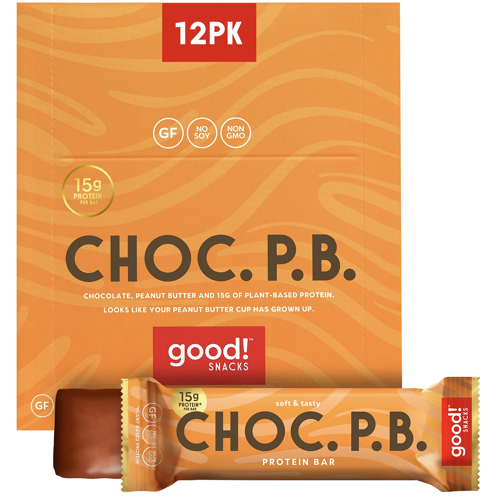 good! Snacks Chocolate Peanut Butter Vegan Protein Bar, Soy & Gluten Free, Plant Based, Low Sugar, 15g Clean Protein, Natural Healthy Snack, Kosher