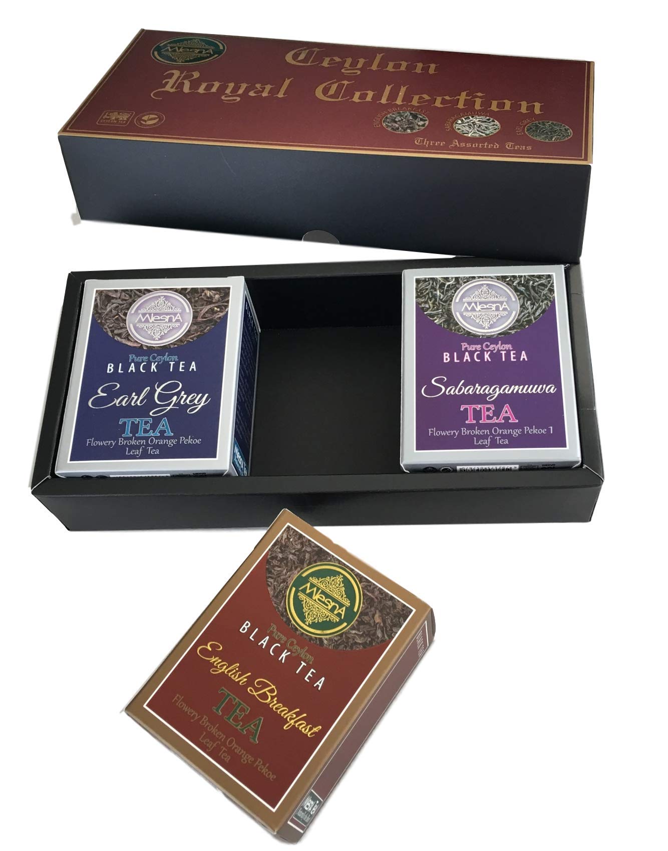 Mlesna Pure Ceylon Fine Black Loose Tea Royal Collection Luxury Gift Pack- 3 Assorted Tea English Breakfast, Ceylon Earl Gray and Sabaragamuwa Black