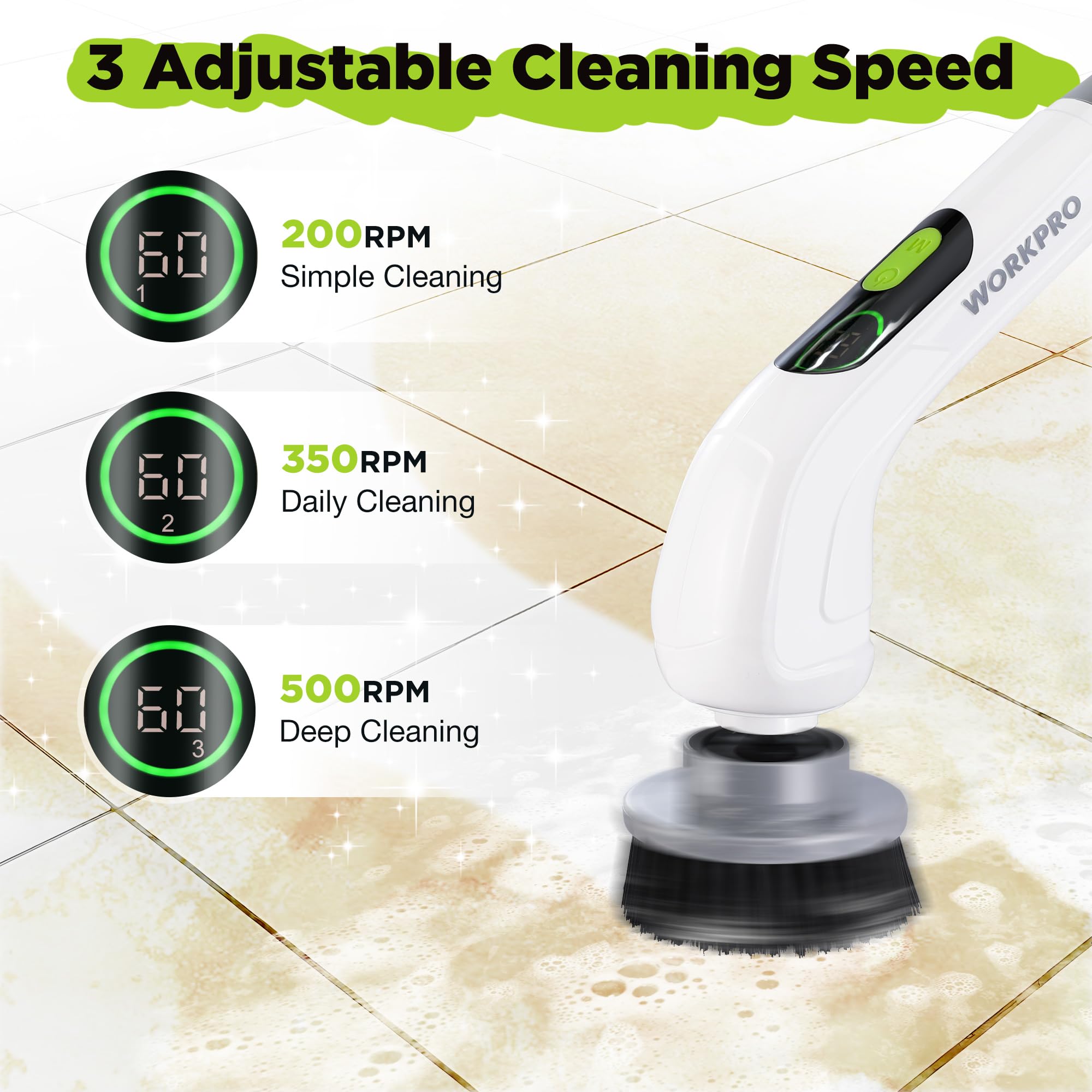 WORKPRO Electric Spin Scrubber, Cordless Cleaning Brush, 3-Speed, Long Adjustable Handle & 8 Replaceable Brush Heads, Waterproof Scrubber
