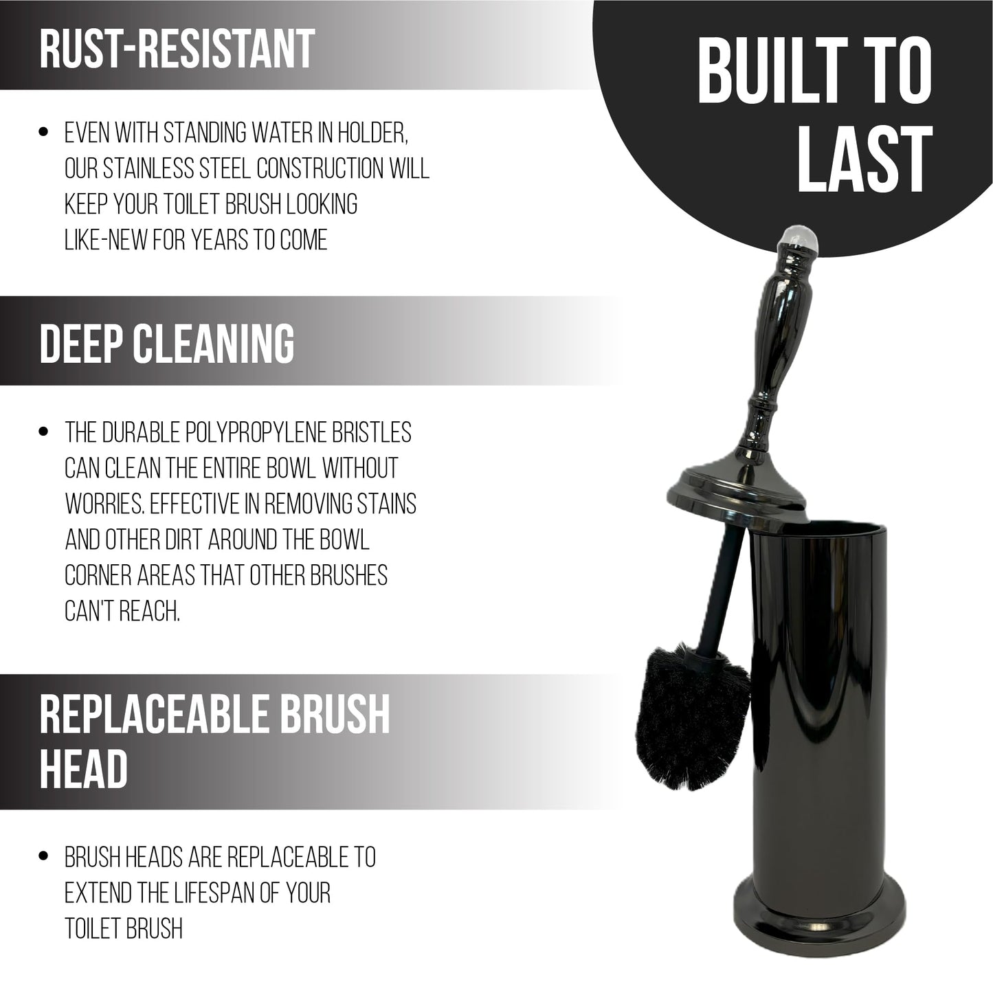 Splash Home Buena Stainless Steel Toilet Brush with Holder, Bowl Scrubber with Durable Cleaning Bristles, Hidden Brush with Splash Protective Disc