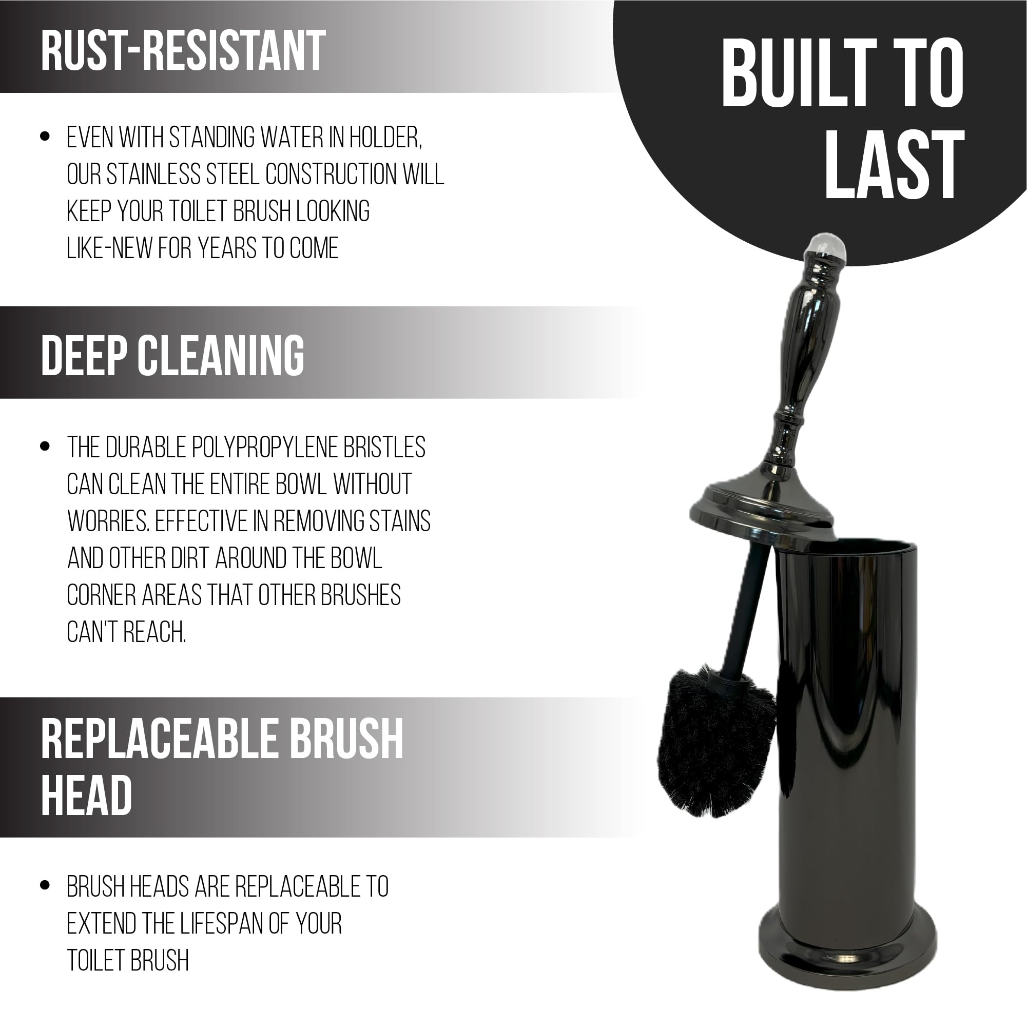 Splash Home Buena Stainless Steel Toilet Brush with Holder, Bowl Scrubber with Durable Cleaning Bristles, Hidden Brush with Splash Protective Disc